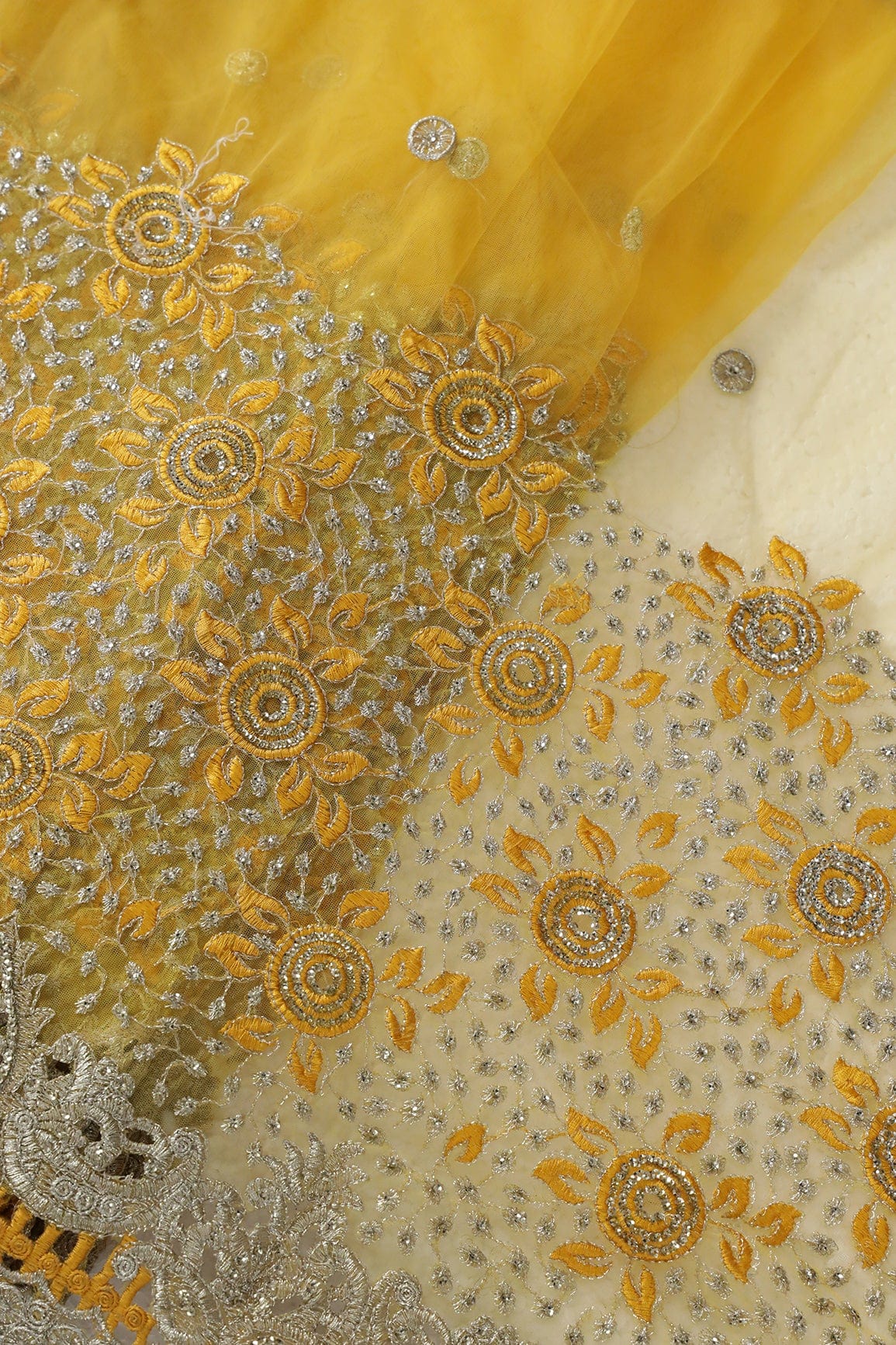 Big Width''56'' Yellow Thread With Zari Floral Embroidery Work On Yellow Soft Net Fabric With Border - doeraa