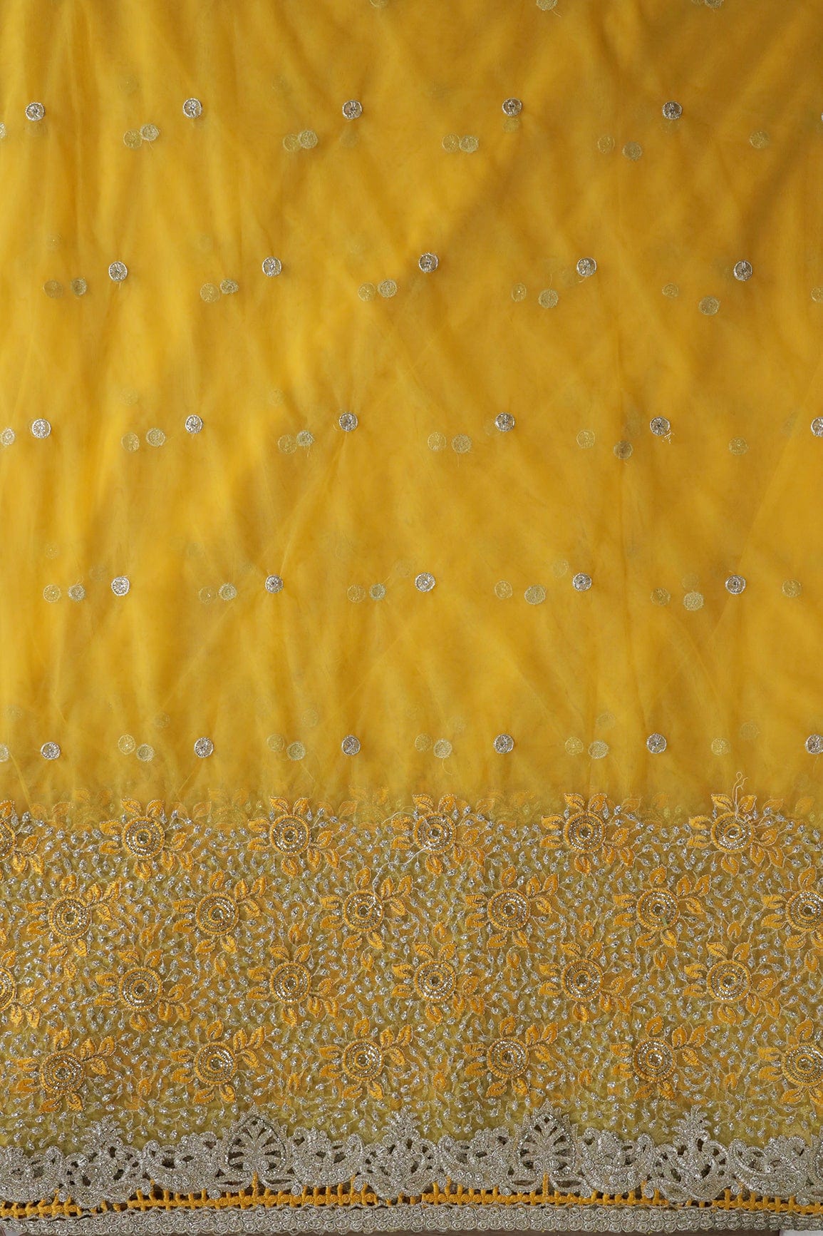 Big Width''56'' Yellow Thread With Zari Floral Embroidery Work On Yellow Soft Net Fabric With Border - doeraa