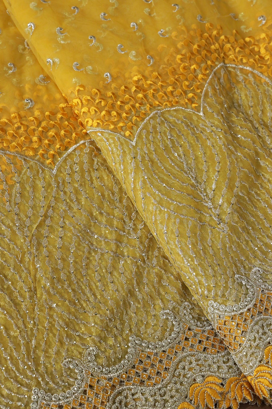 Big Width''56'' Yellow Thread With Zari Traditional Embroidery Work On Yellow Soft Net Fabric With Border - doeraa
