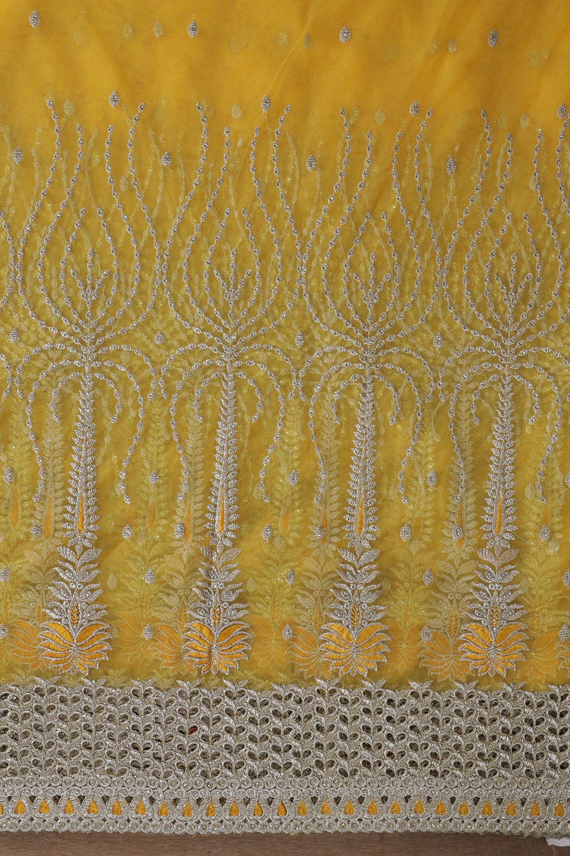 Big Width''56'' Yellow Thread With Zari Traditional Embroidery Work On Yellow Soft Net Fabric With Border - doeraa