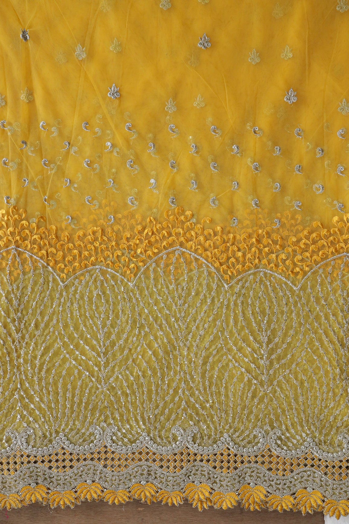 Big Width''56'' Yellow Thread With Zari Traditional Embroidery Work On Yellow Soft Net Fabric With Border - doeraa