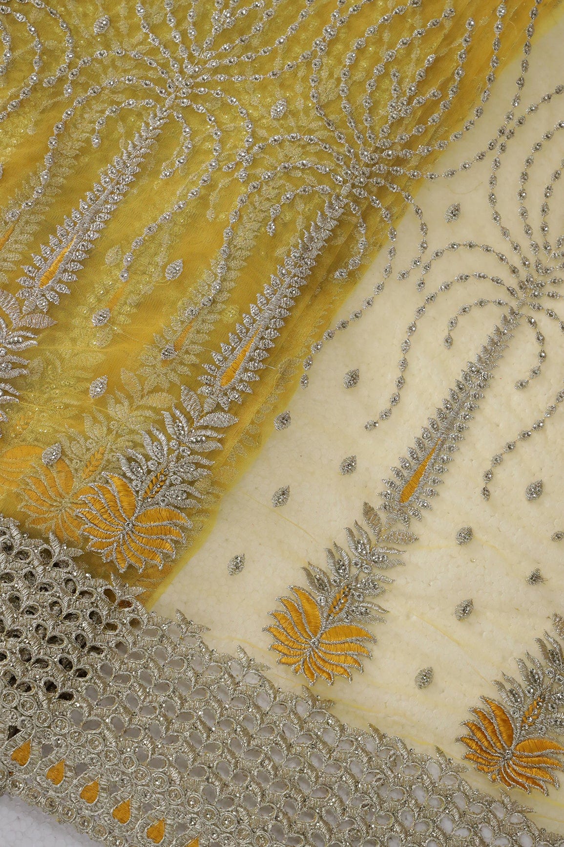 Big Width''56'' Yellow Thread With Zari Traditional Embroidery Work On Yellow Soft Net Fabric With Border - doeraa