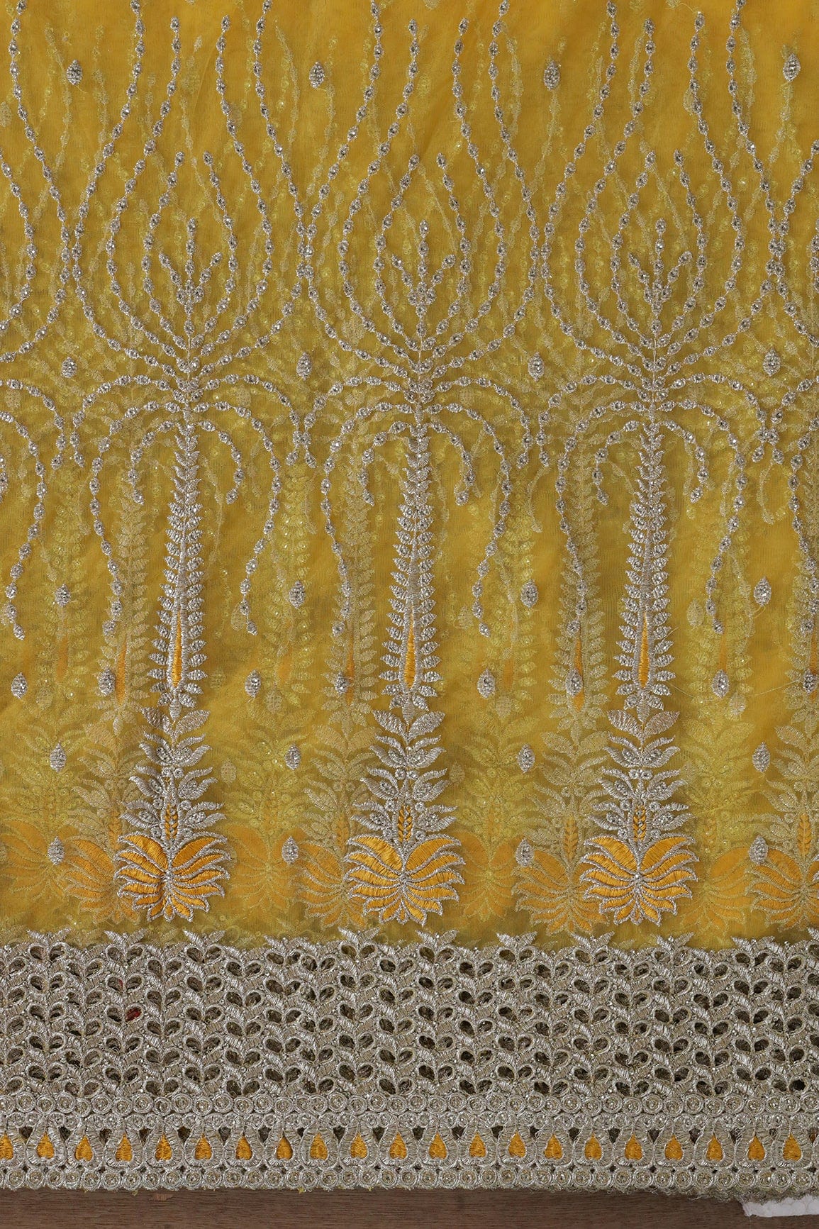 Big Width''56'' Yellow Thread With Zari Traditional Embroidery Work On Yellow Soft Net Fabric With Border - doeraa