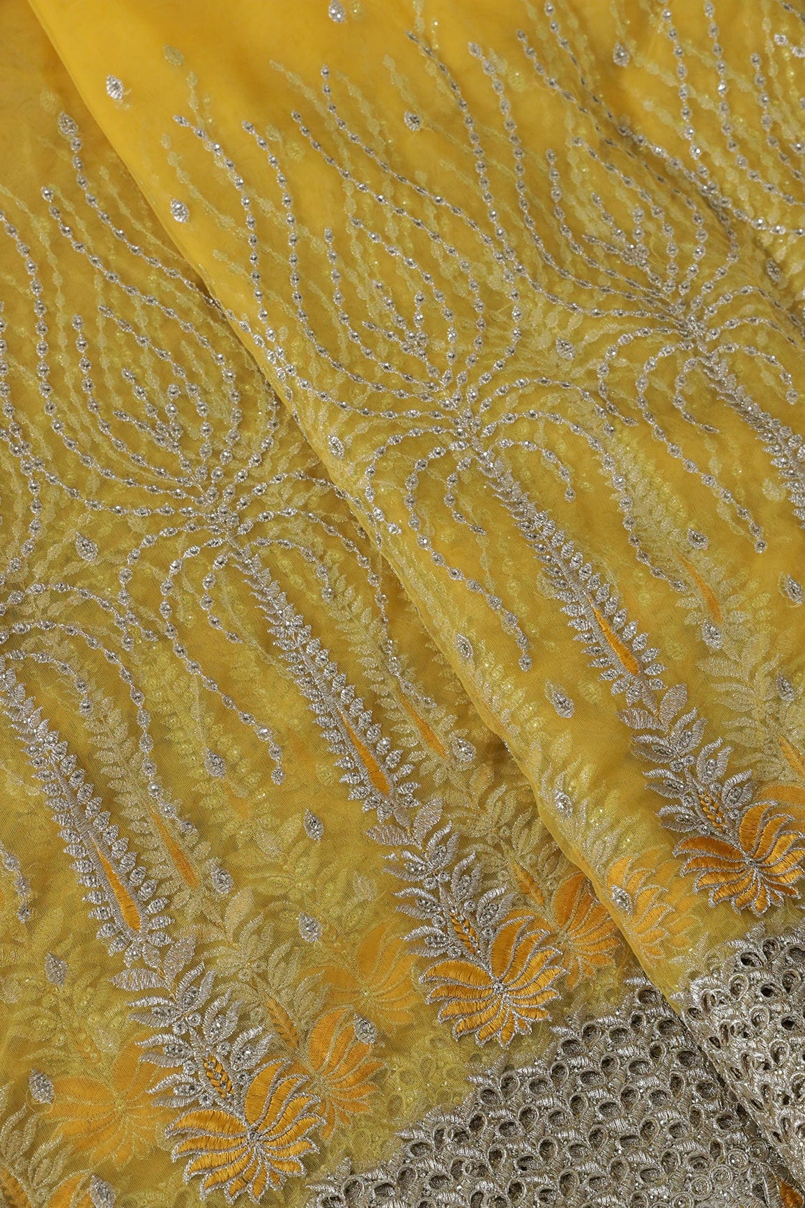 Big Width''56'' Yellow Thread With Zari Traditional Embroidery Work On Yellow Soft Net Fabric With Border - doeraa