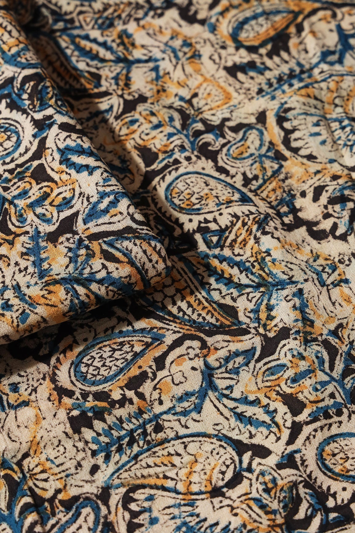 Black And Beige Floral Pattern Handblock Kalamkari Organic Cotton Fabric - doeraa