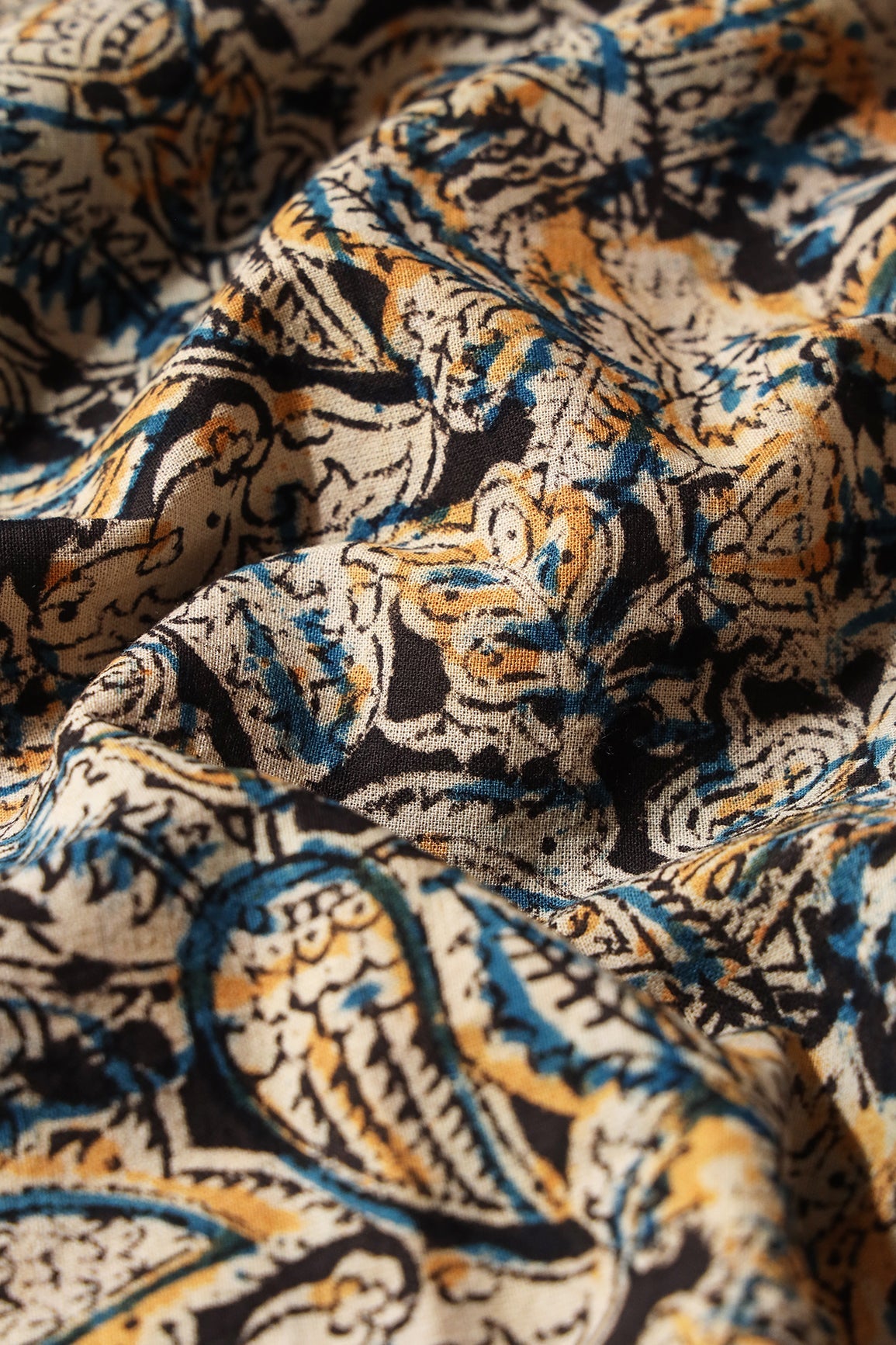Black And Beige Floral Pattern Handblock Kalamkari Organic Cotton Fabric - doeraa