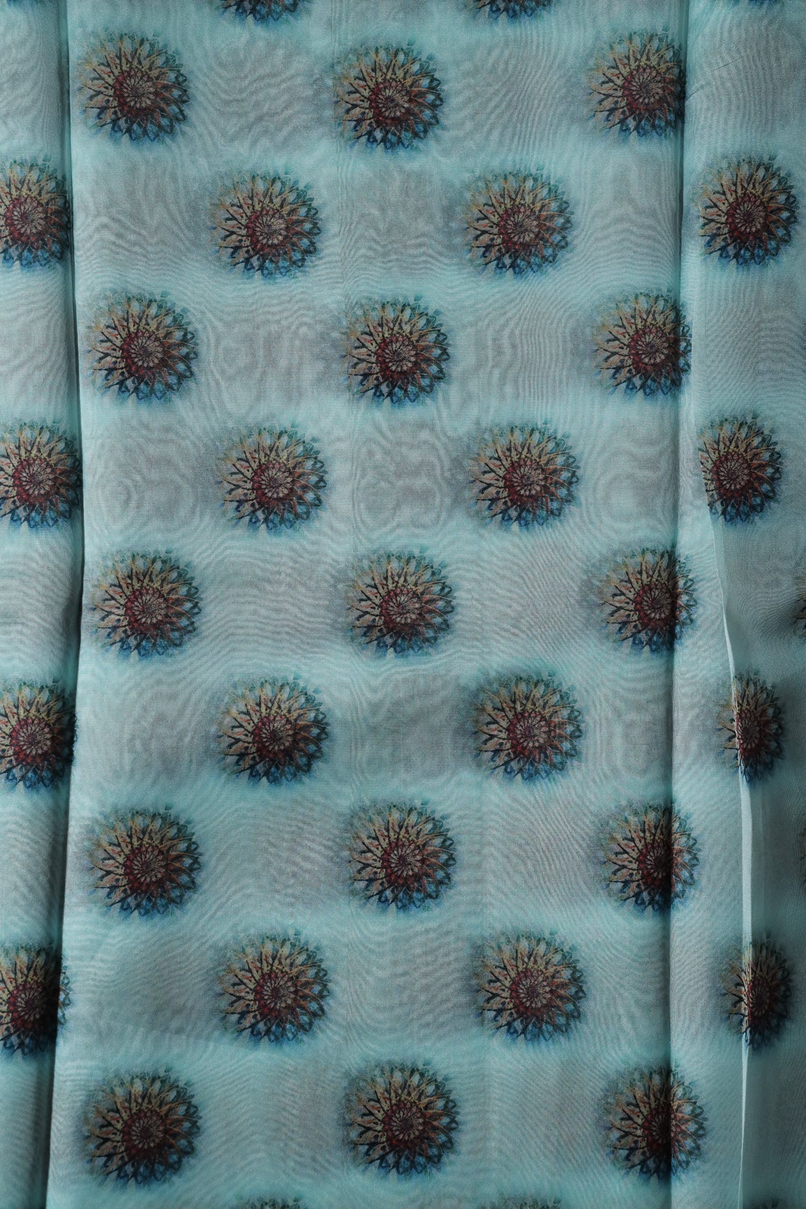 Black And Brown Traditional Pattern Digital Print On Sky Blue Organza Fabric - doeraa