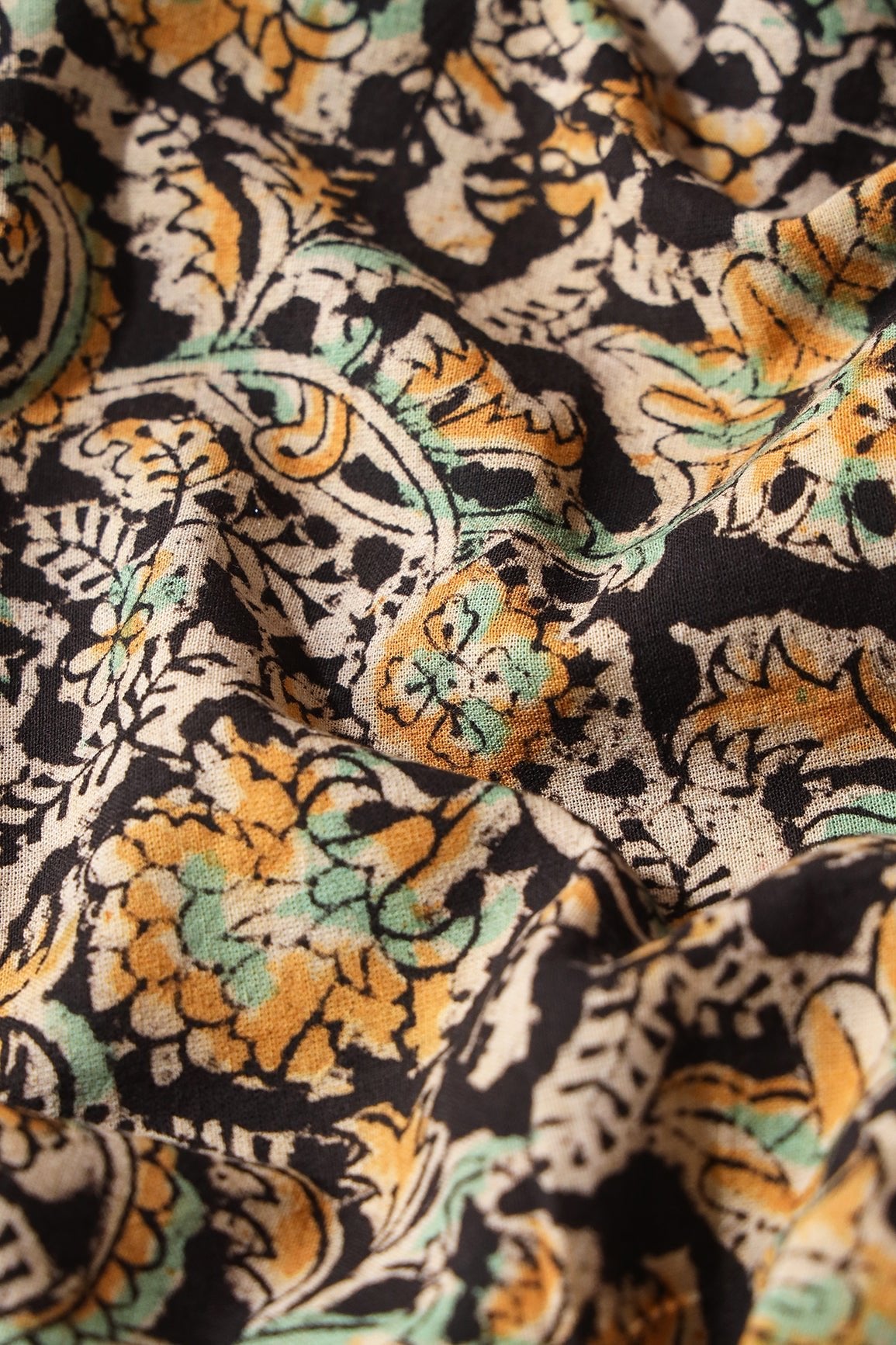 Black And Light Beige Paisley Pattern Handblock Kalamkari Organic Cotton Fabric - doeraa