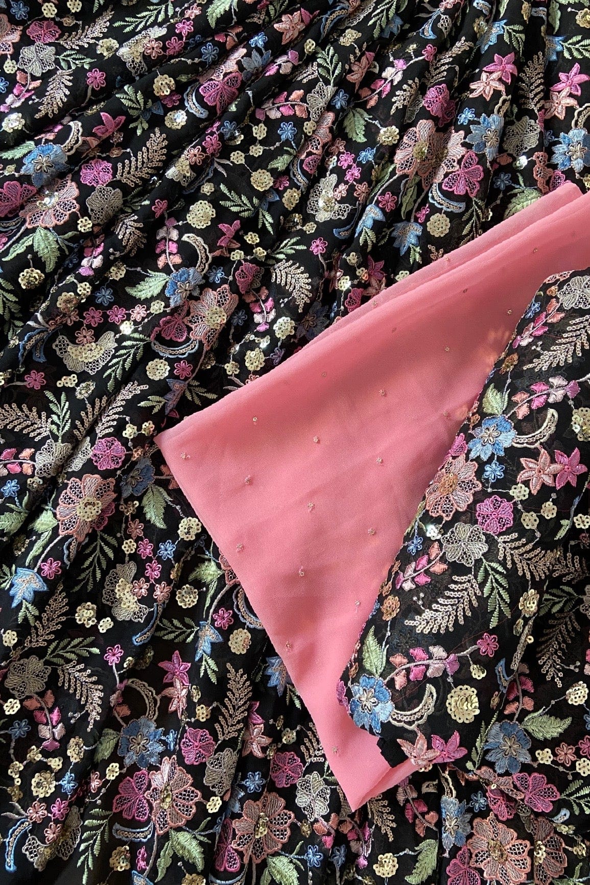 Black And Pink Unstitched Lehenga Set Fabric (3 Piece) - doeraa