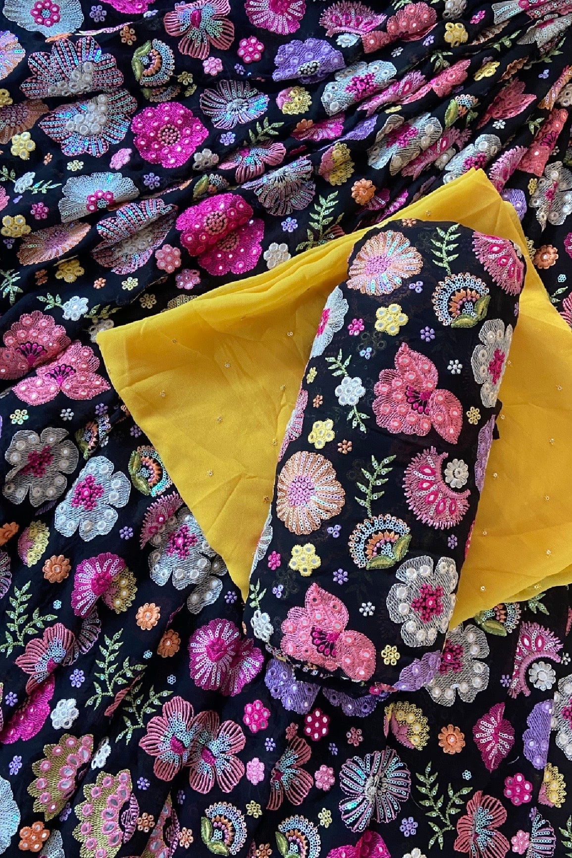 Black And Yellow Unstitched Lehenga Set Fabric (3 Piece) - doeraa