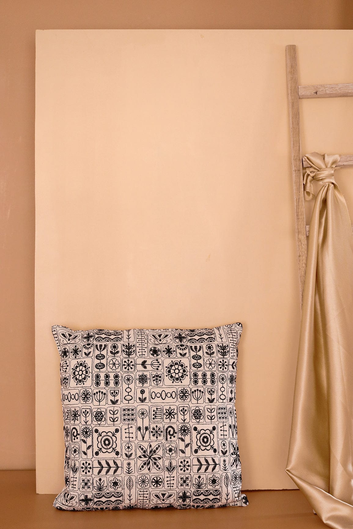 Black Cultural Embroidery on off white cotton Cushion Cover (16*16 inches) - doeraa