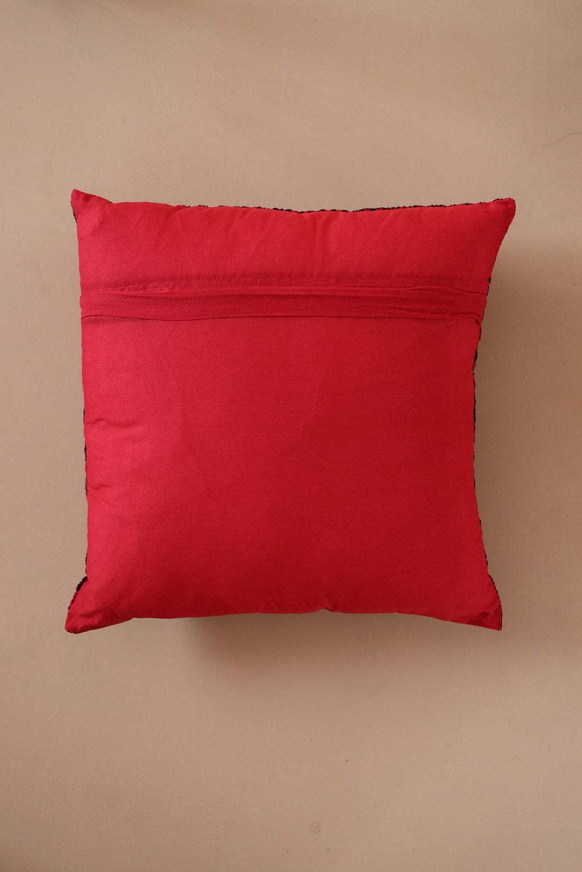 Black Cultural Embroidery on Red cotton Cushion Cover (16*16 inches) - doeraa