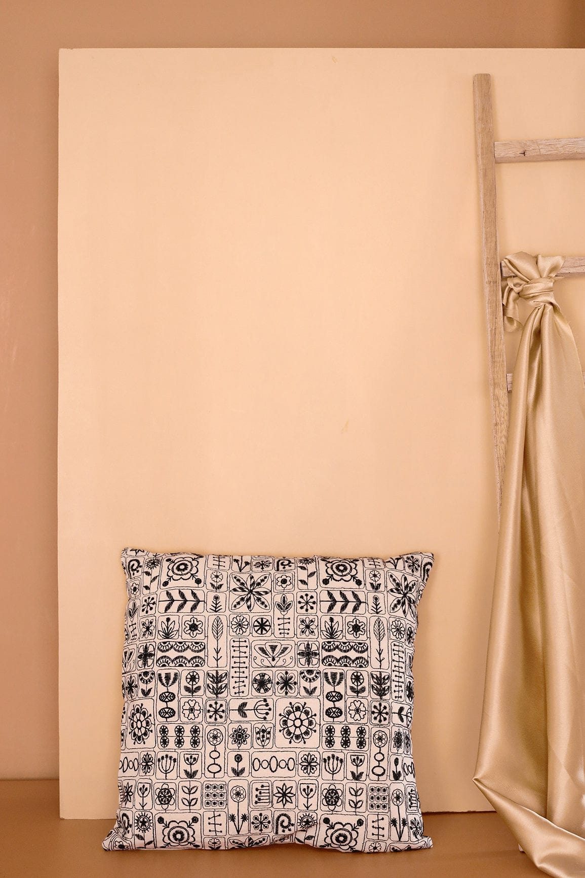Black Cultural Embroidery on Red cotton Cushion Cover (16*16 inches) - doeraa