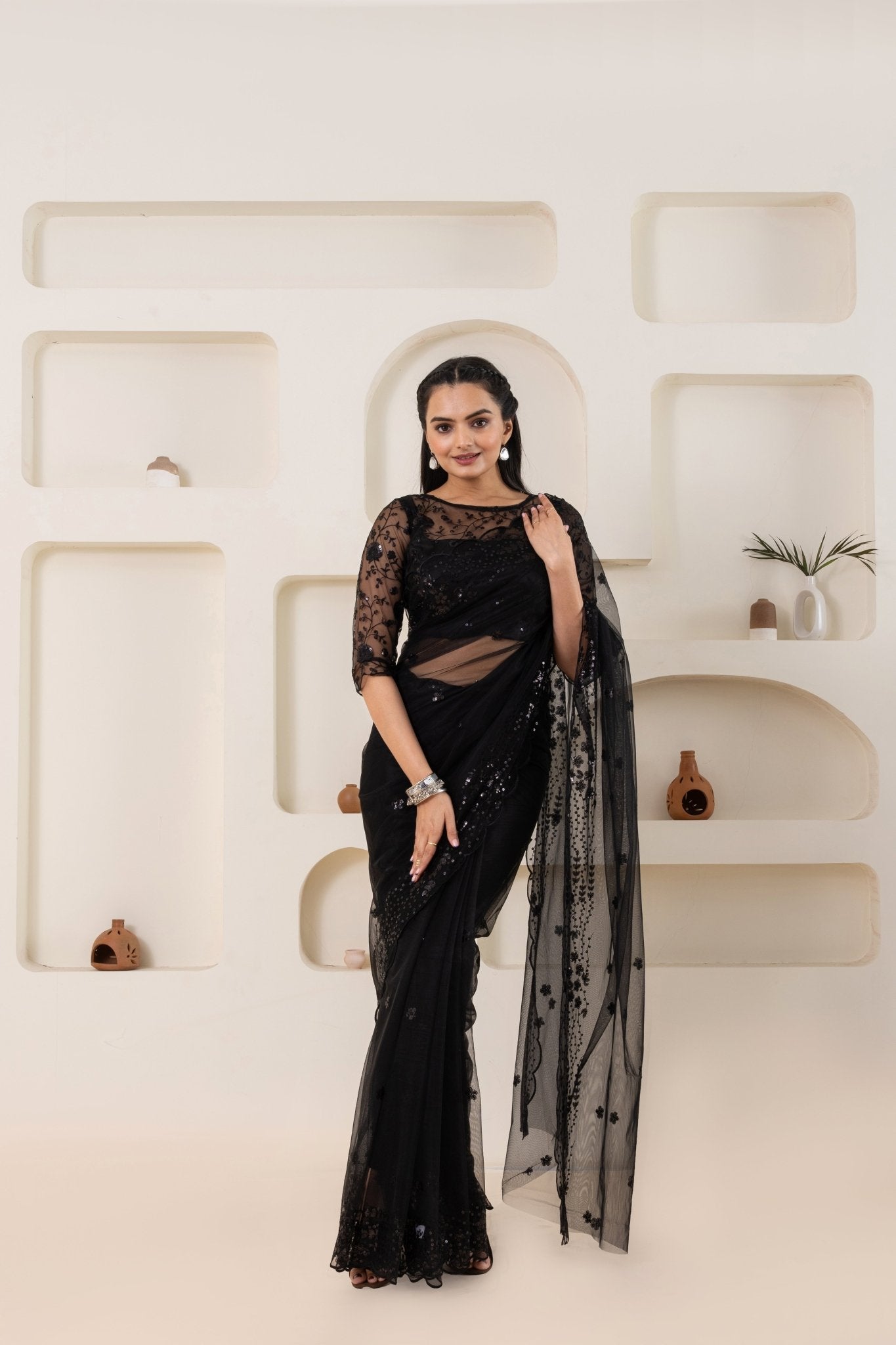 Black Embroidery Saree Set (Saree With Blouse Piece) - doeraa