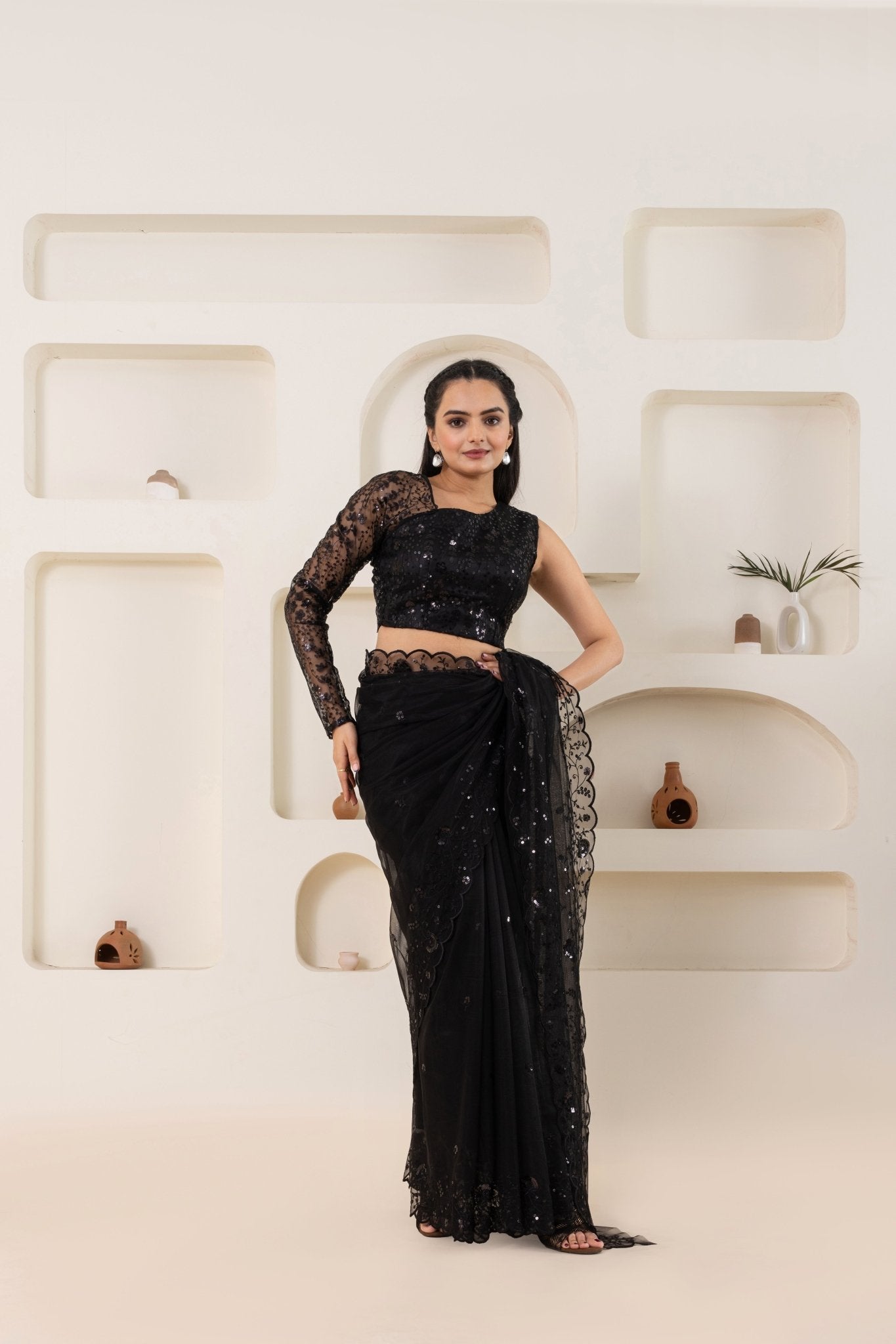 Black Embroidery Saree Set (Saree With Blouse Piece) - doeraa