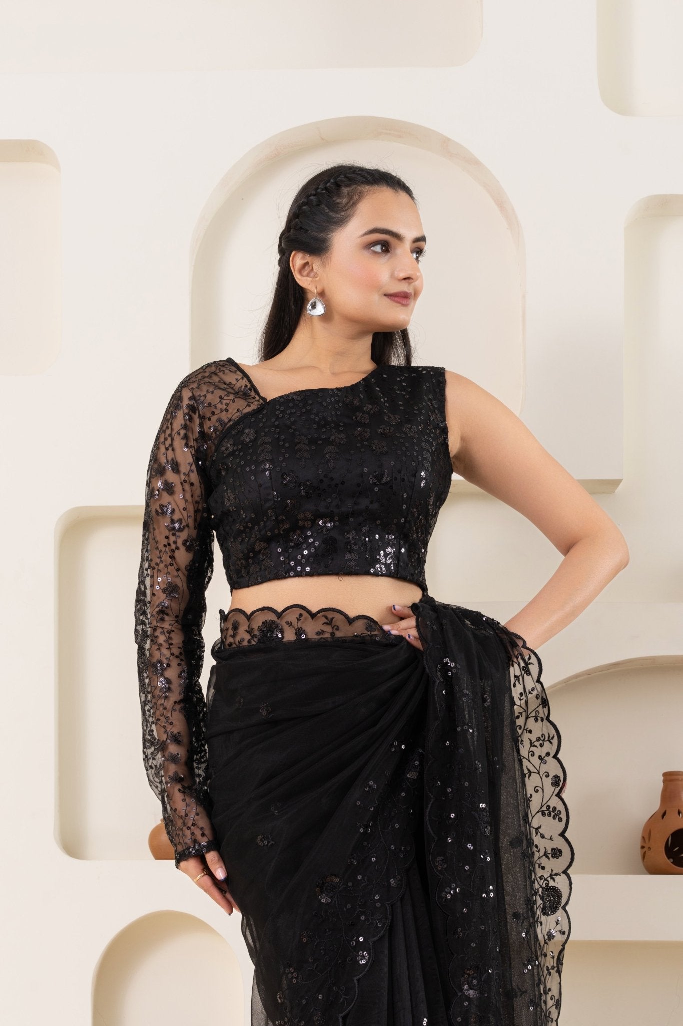 Black Embroidery Saree Set (Saree With Blouse Piece) - doeraa