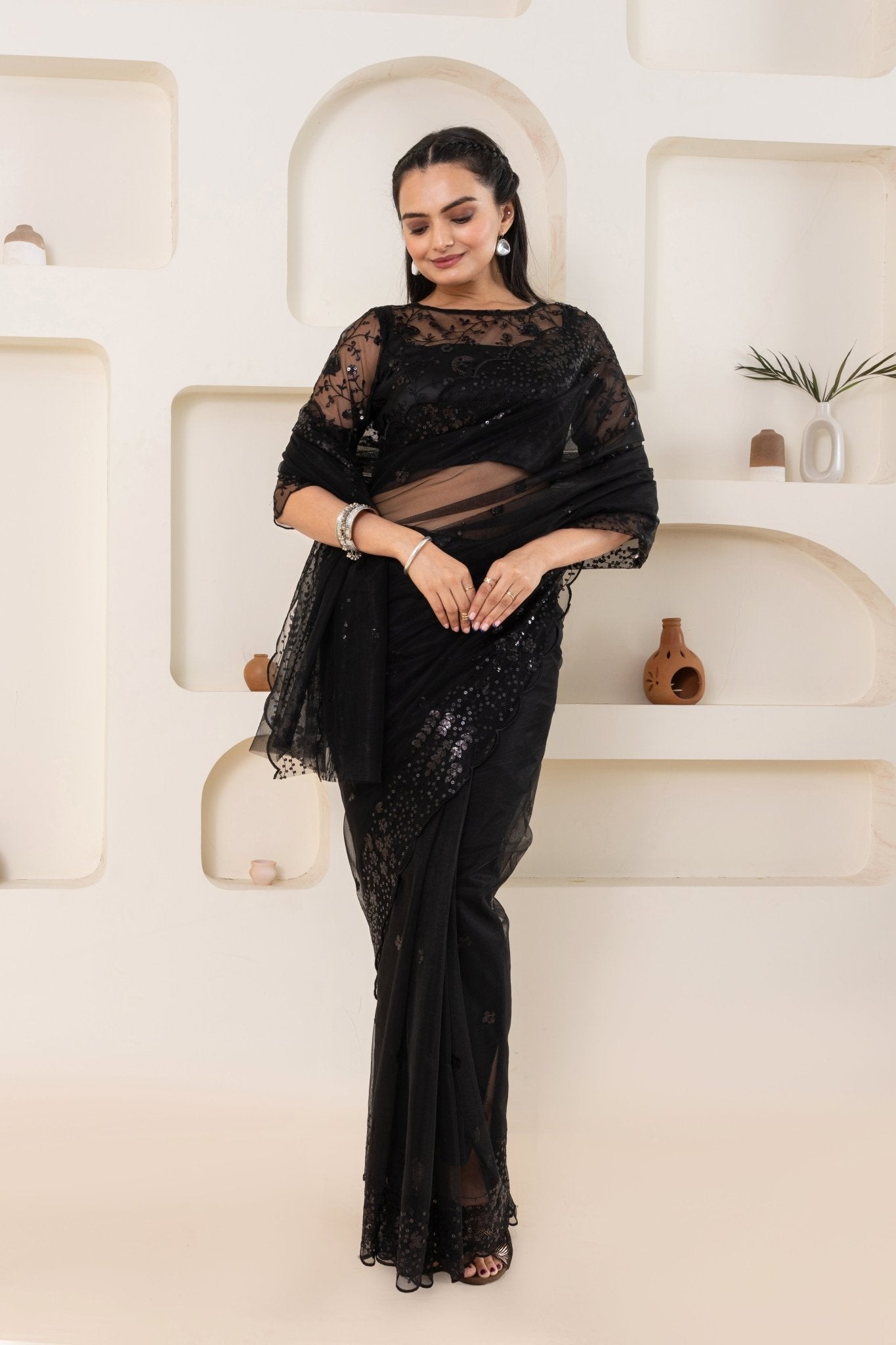Black Embroidery Saree Set (Saree With Blouse Piece) - doeraa