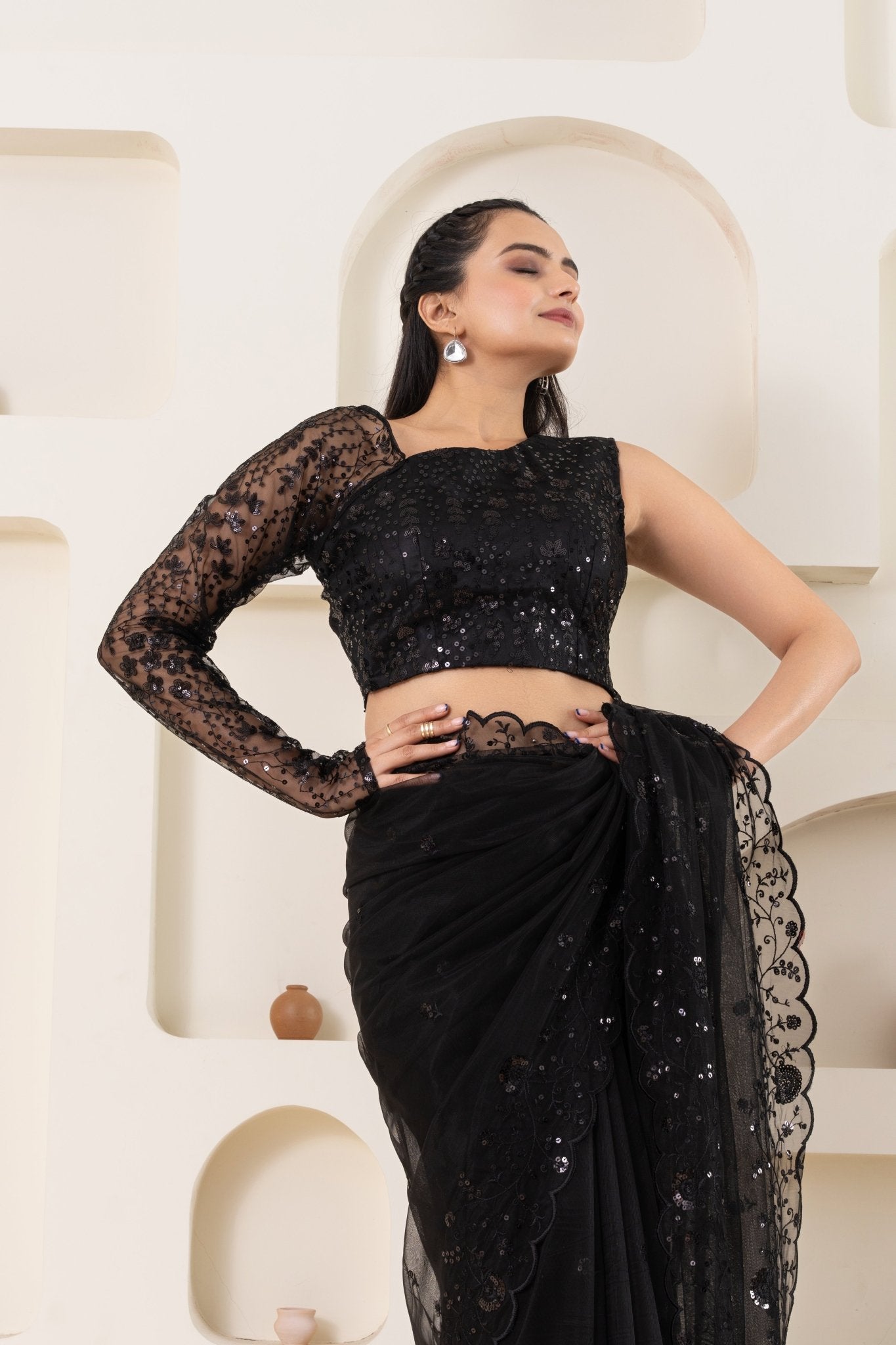 Black Embroidery Saree Set (Saree With Blouse Piece) - doeraa