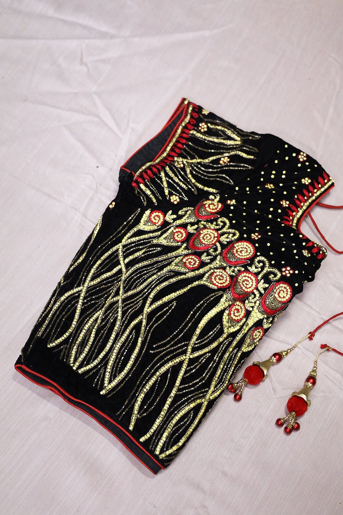 Black Hand Work Embroidery Velvet Stitched Blouse - doeraa