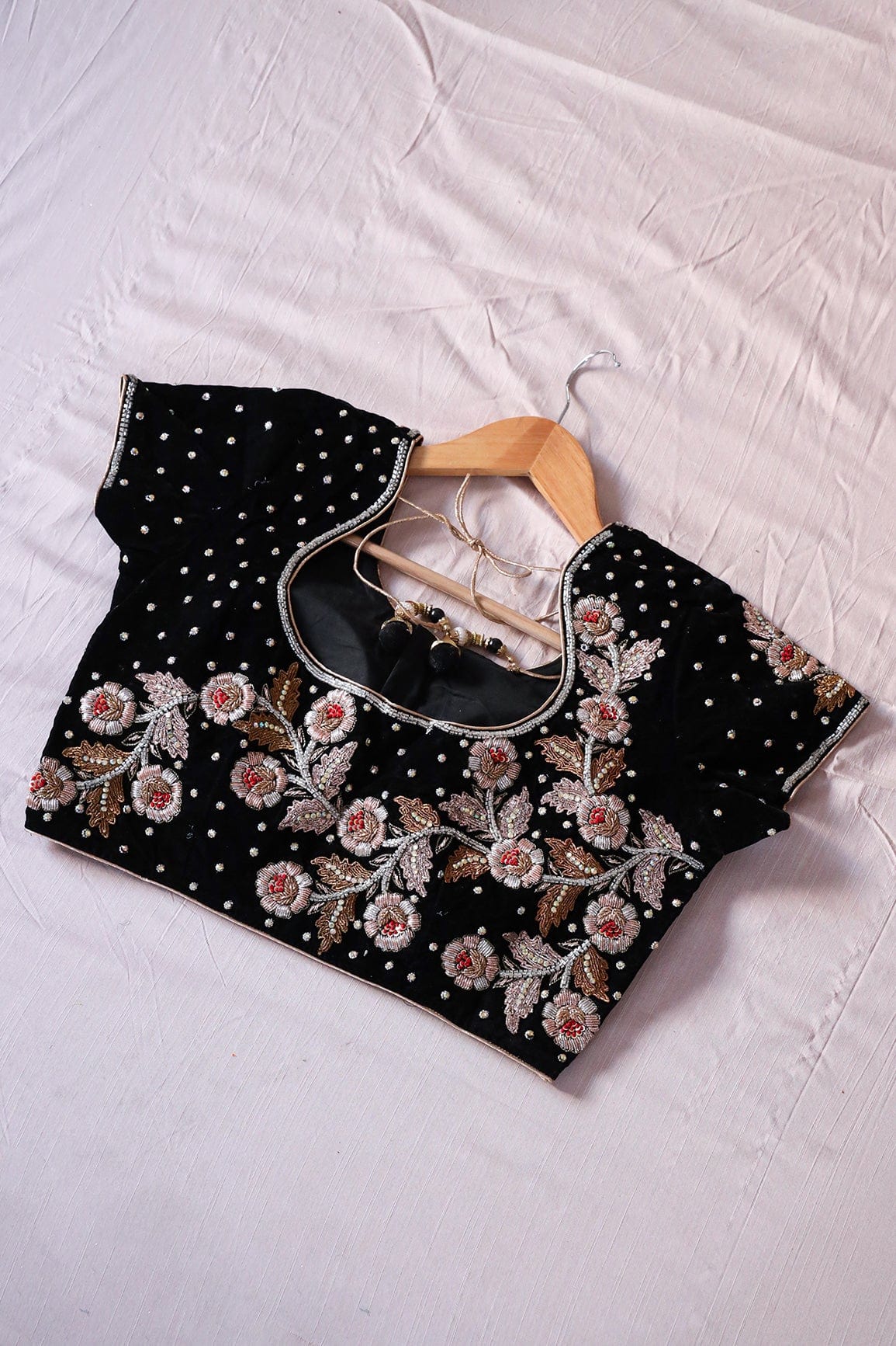 Black Hand Work Embroidery Velvet Stitched Blouse - doeraa