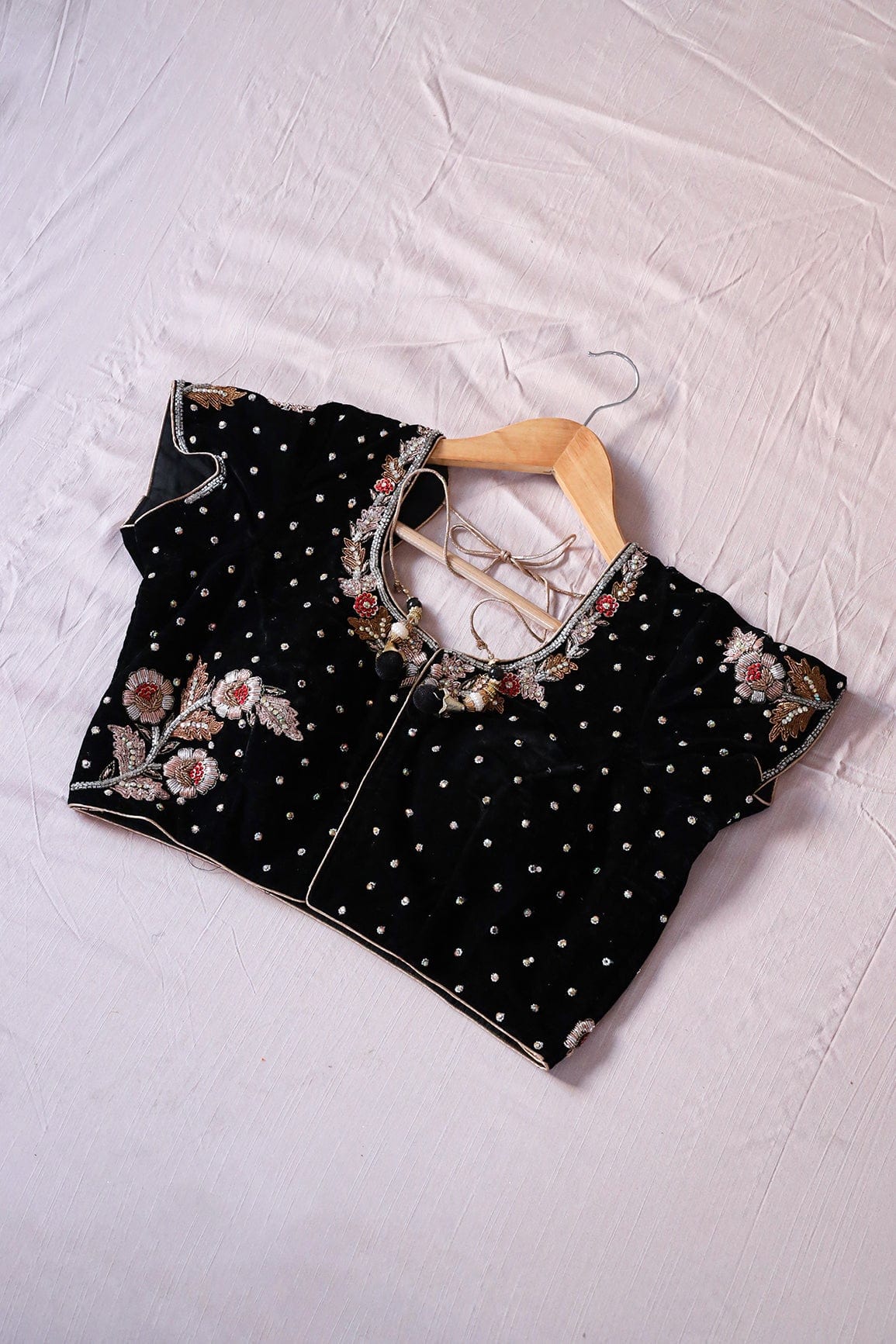 Black Hand Work Embroidery Velvet Stitched Blouse - doeraa