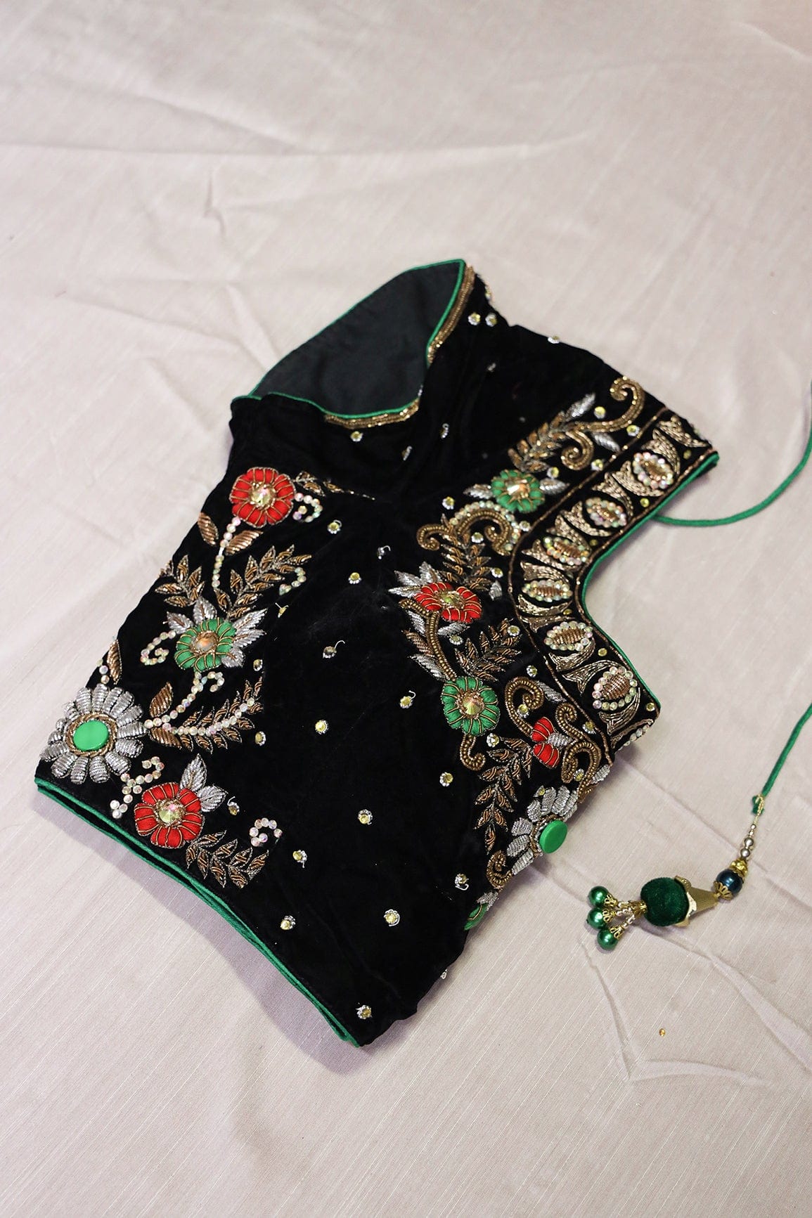 Black Hand Work Embroidery Velvet Stitched Blouse - doeraa