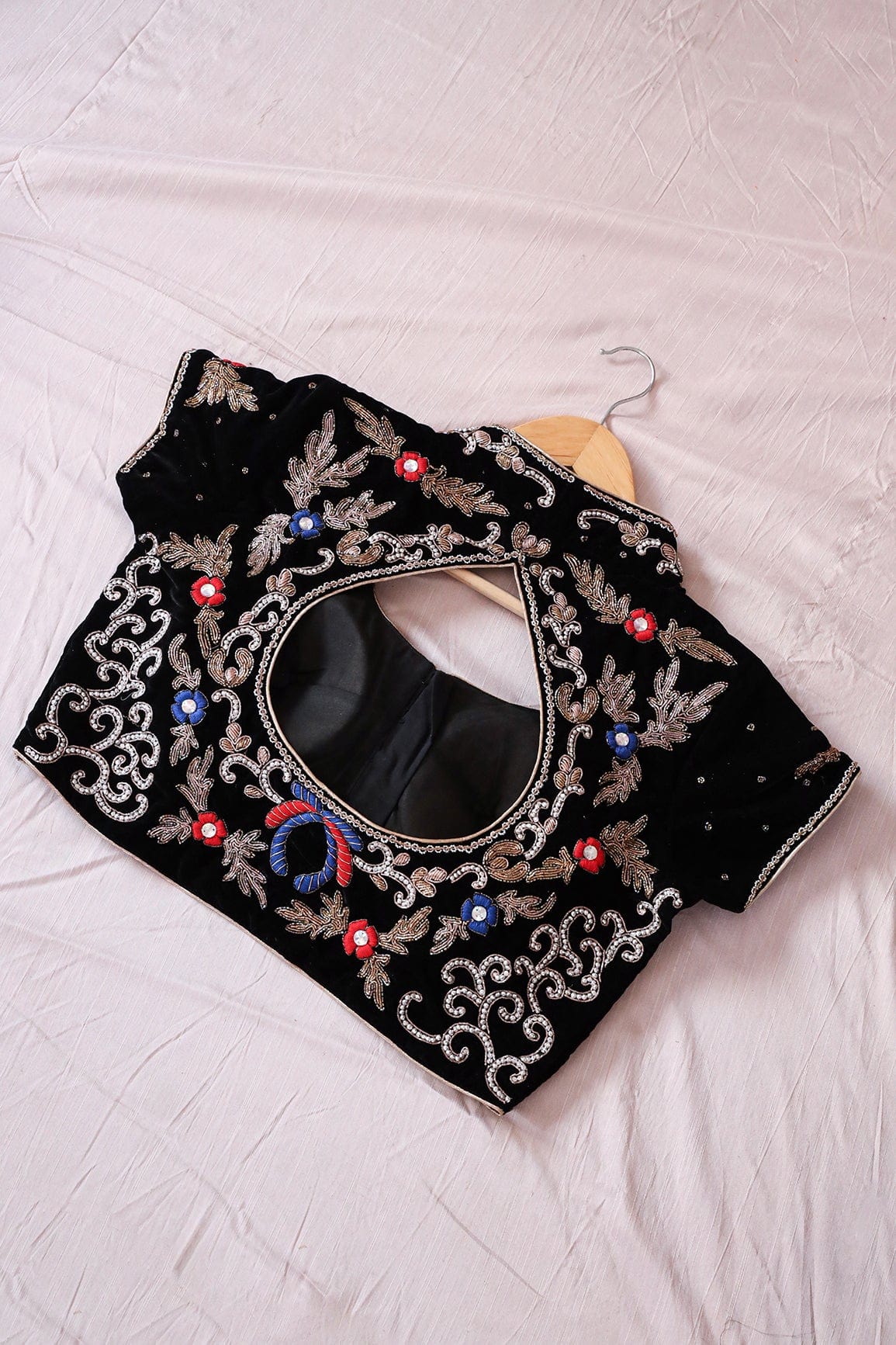 Black Hand Work Embroidery Velvet Stitched Blouse - doeraa