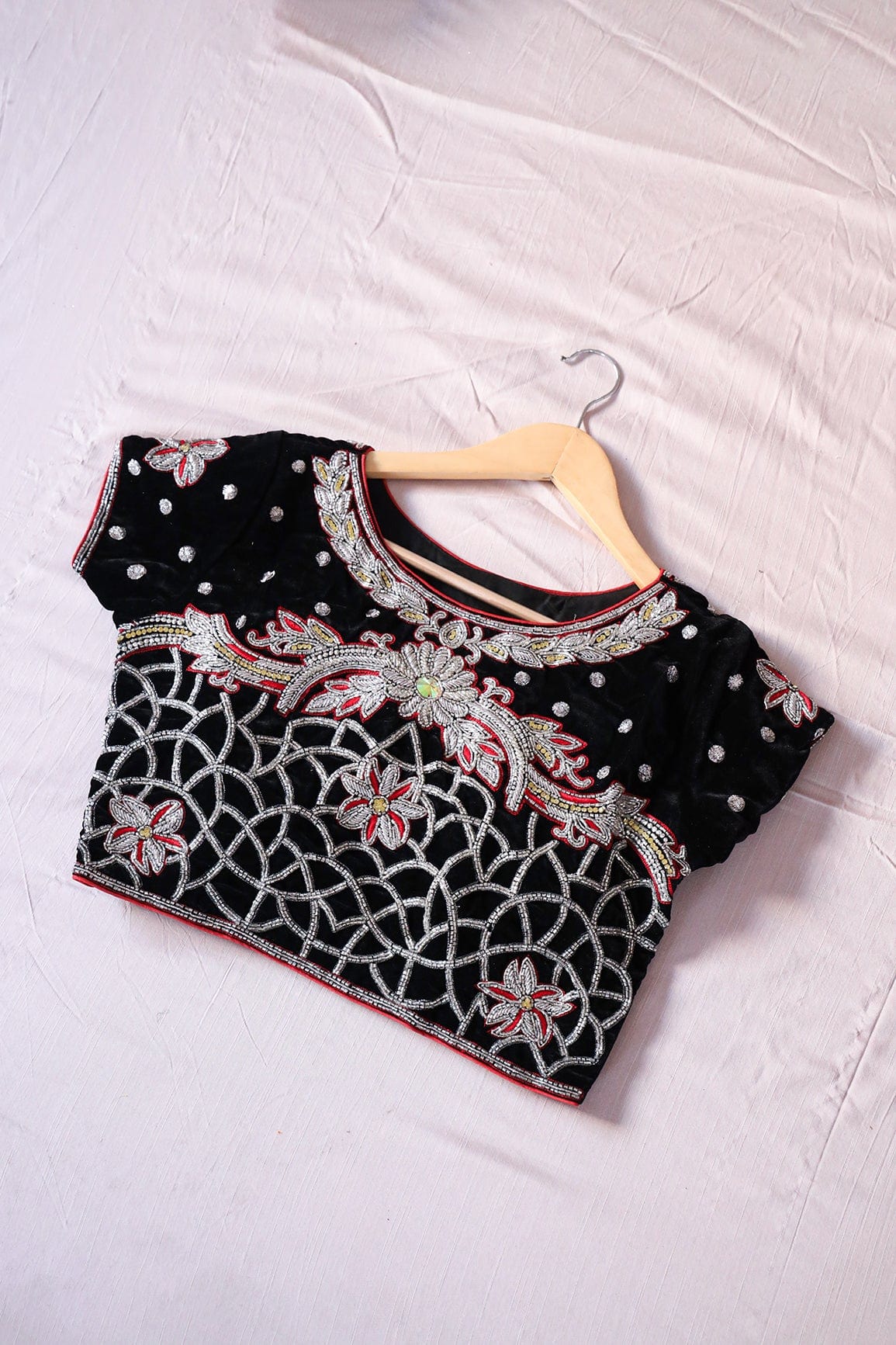 Black Hand Work Embroidery Velvet Stitched Blouse - doeraa