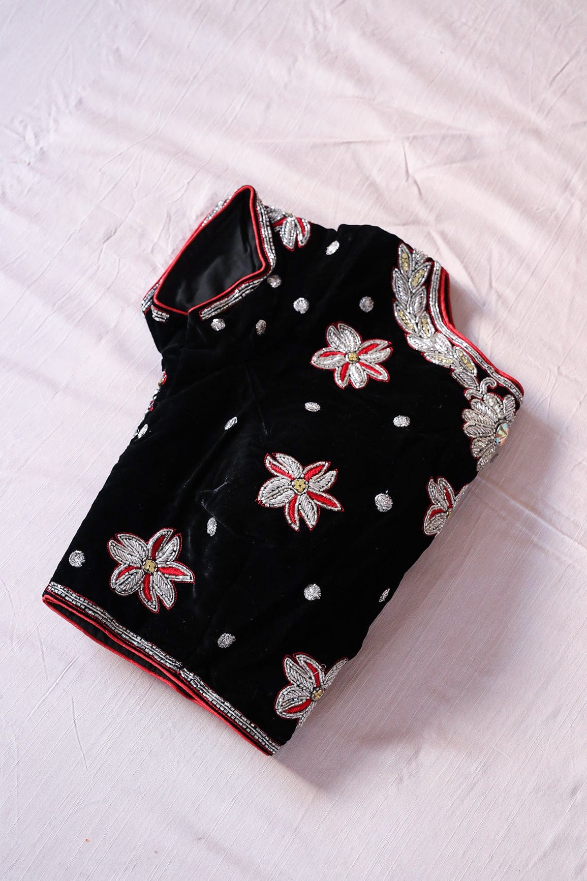 Black Hand Work Embroidery Velvet Stitched Blouse - doeraa