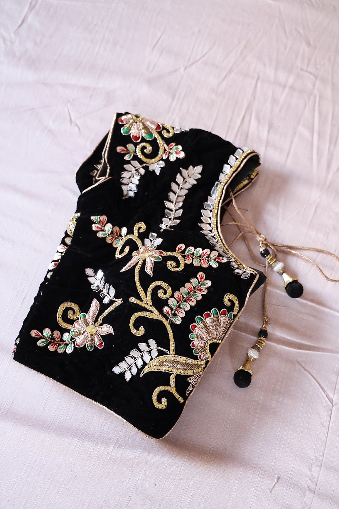 Black Hand Work Embroidery Velvet Stitched Blouse - doeraa