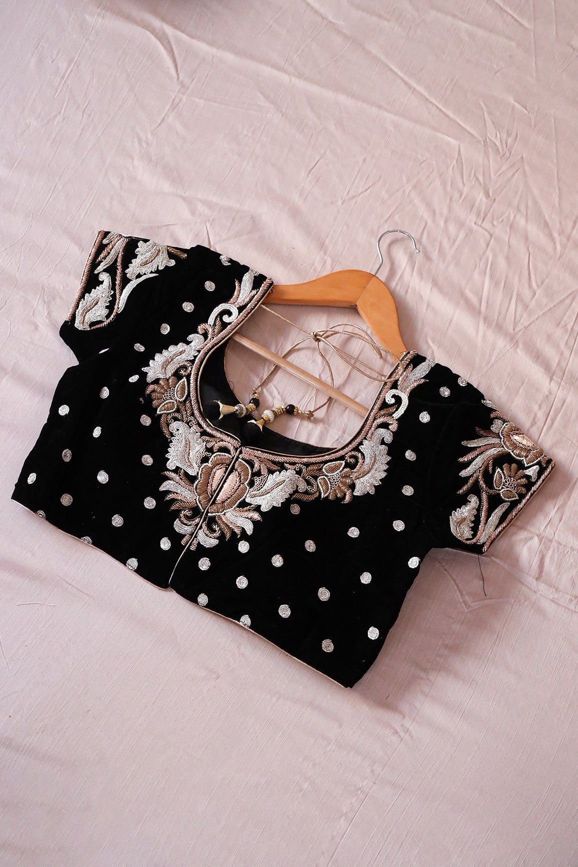 Black Hand Work Embroidery Velvet Stitched Blouse - doeraa