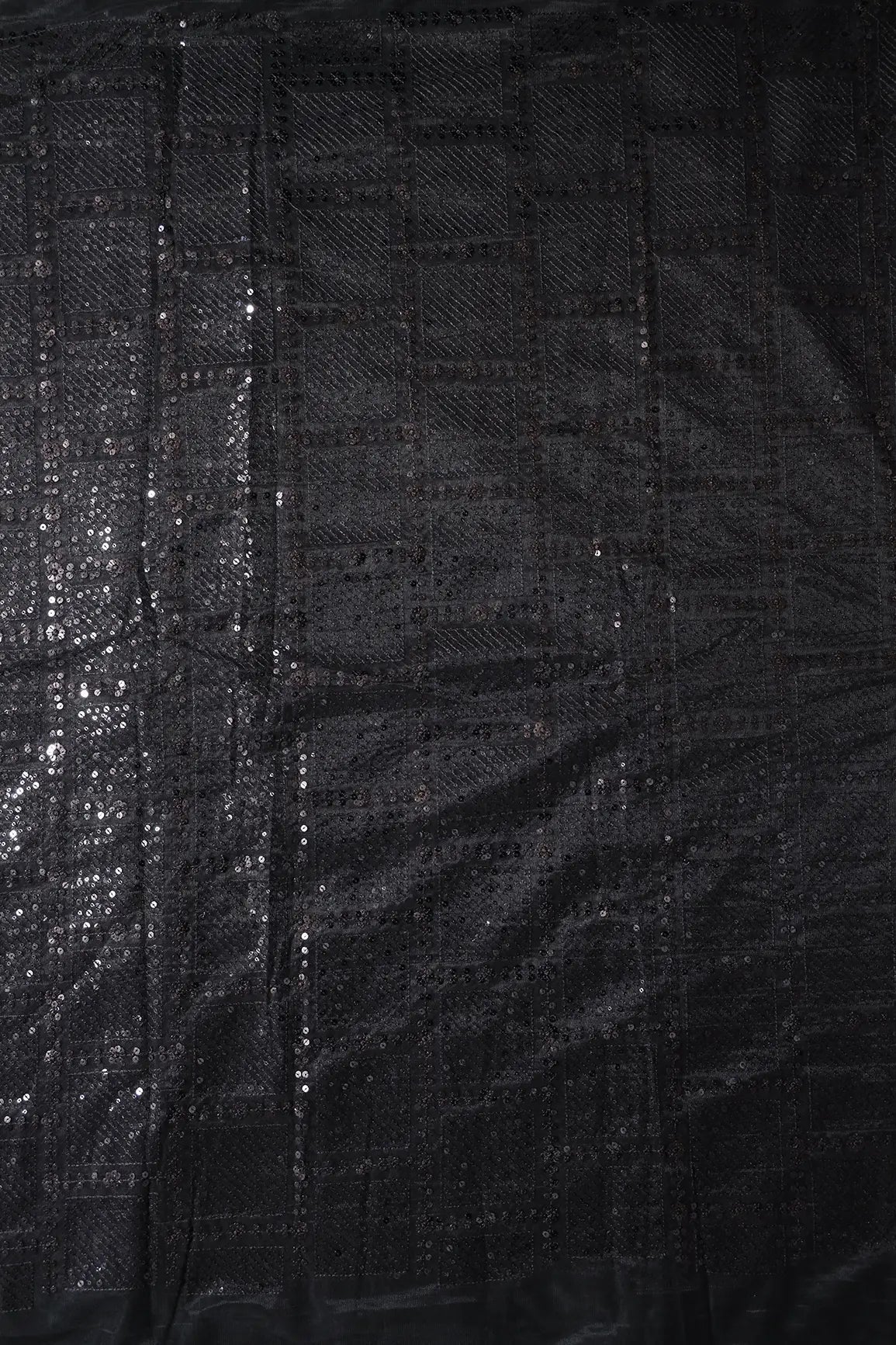 Black Sequins Checks Embroidery On Black Soft Net Fabric - doeraa