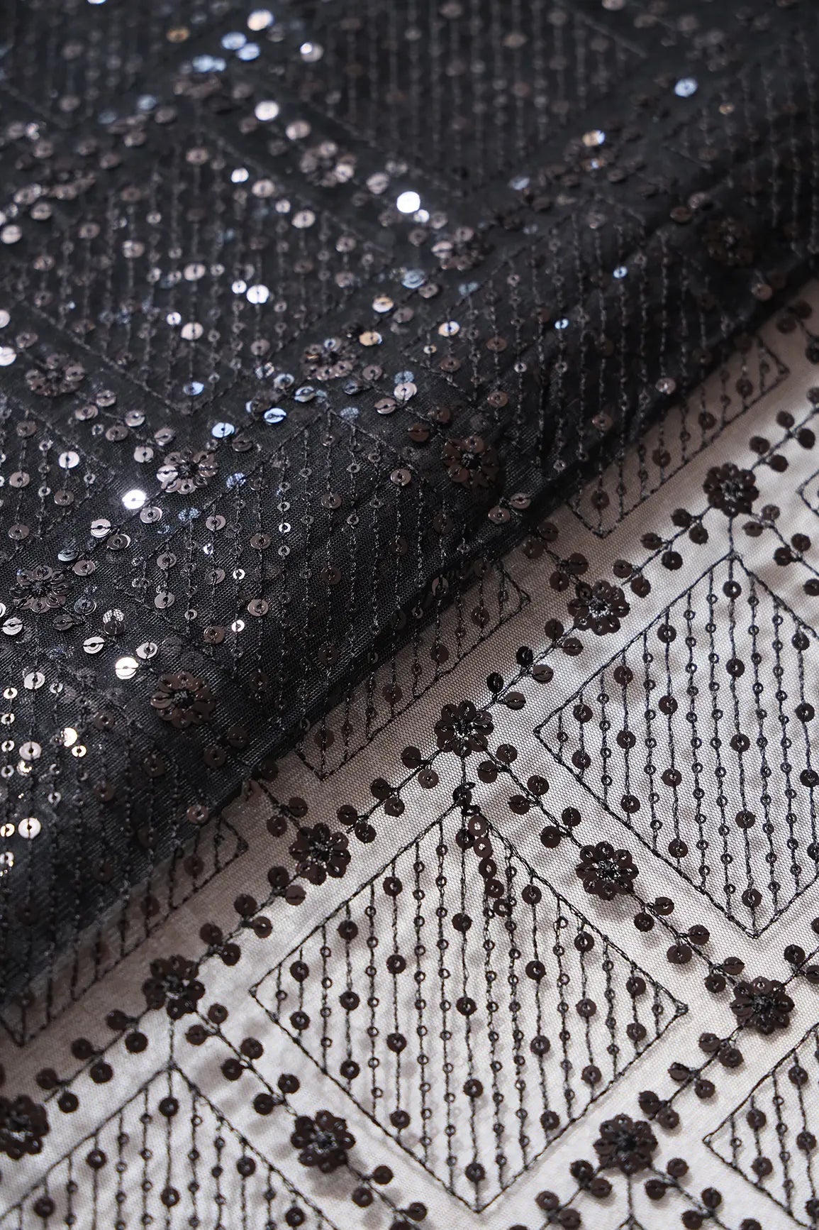 Black Sequins Checks Embroidery On Black Soft Net Fabric - doeraa