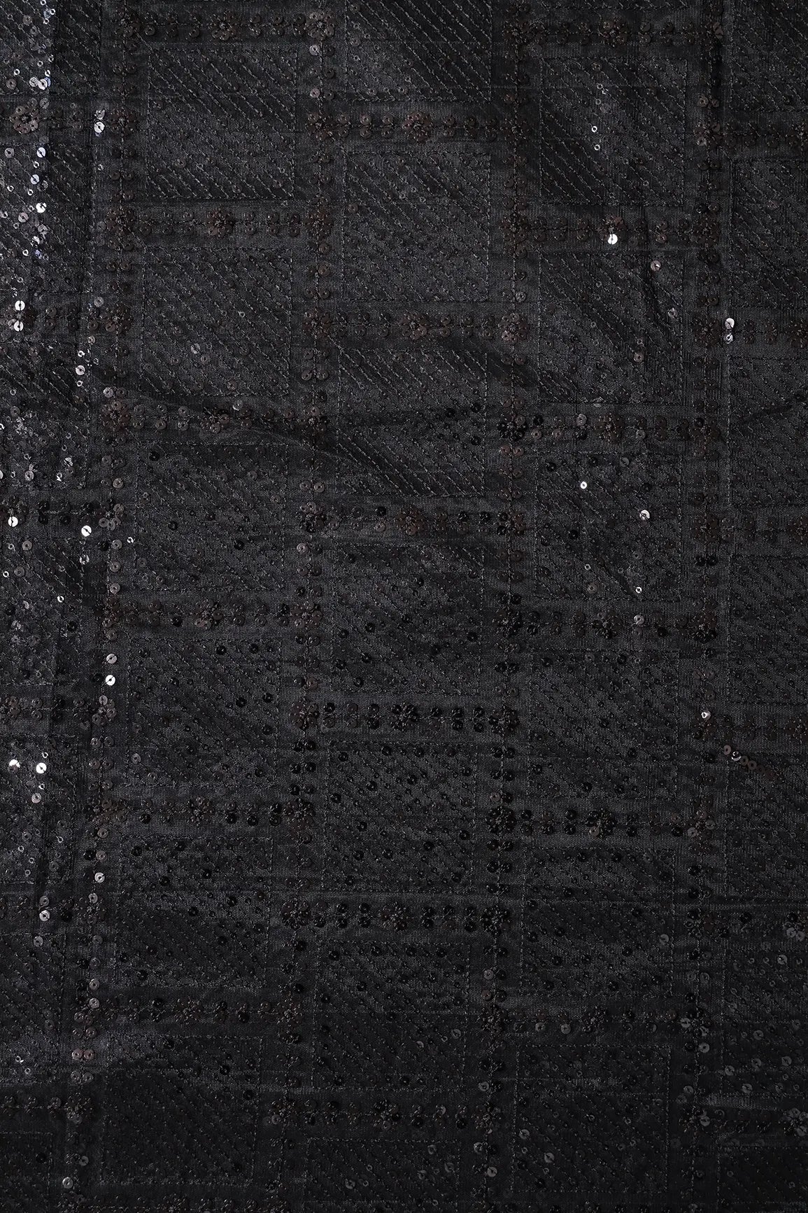 Black Sequins Checks Embroidery On Black Soft Net Fabric - doeraa
