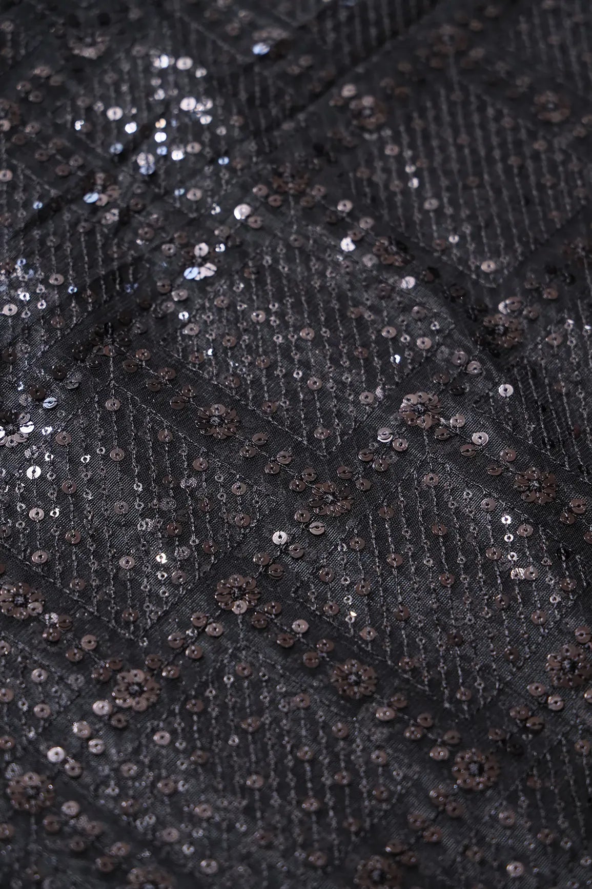 Black Sequins Checks Embroidery On Black Soft Net Fabric - doeraa