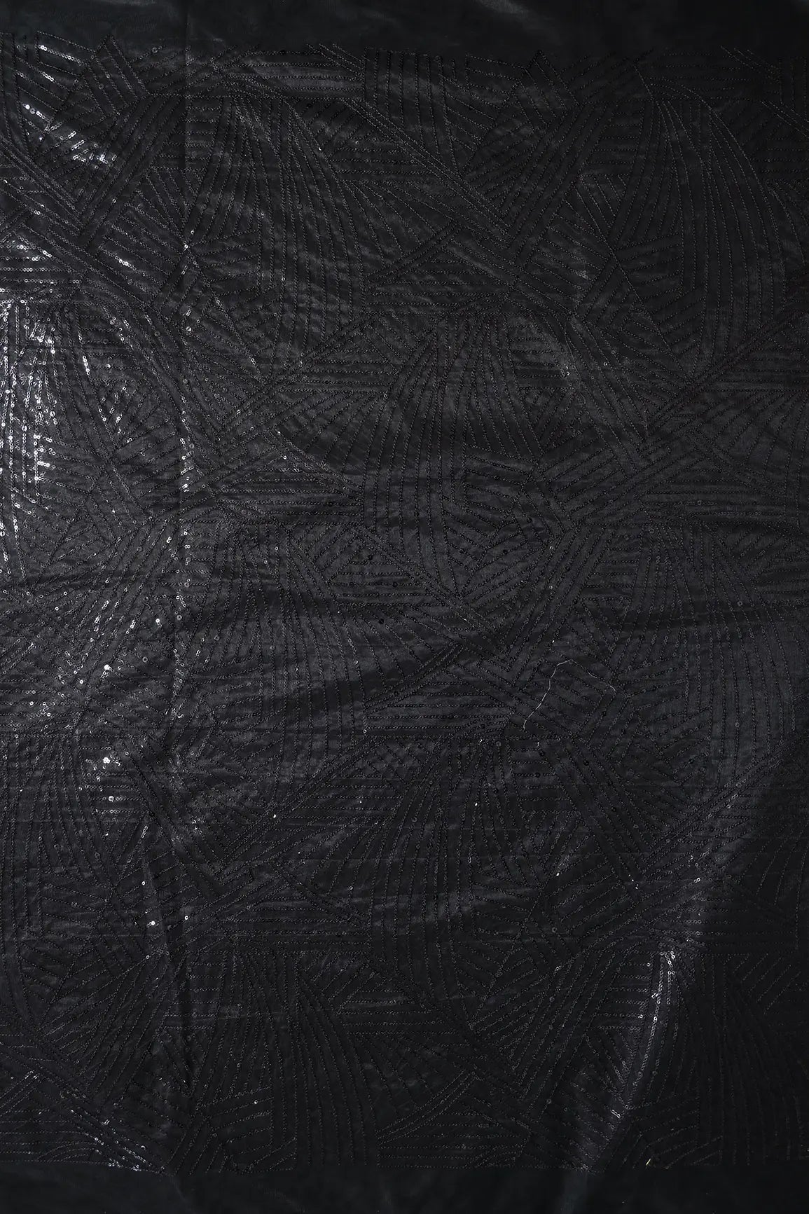 Black Small Sequins Geometric Embroidery On Black Soft Net Fabric - doeraa