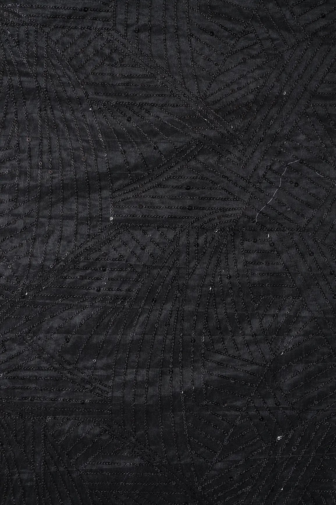 Black Small Sequins Geometric Embroidery On Black Soft Net Fabric - doeraa