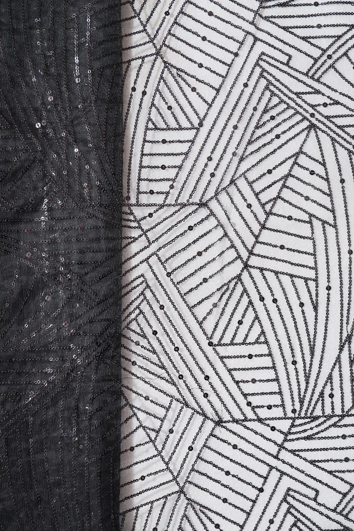 Black Small Sequins Geometric Embroidery On Black Soft Net Fabric - doeraa