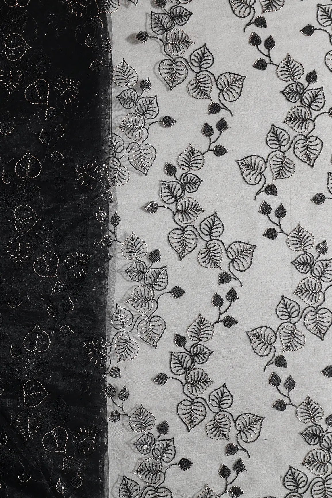 Black Thread & Gold Beads With Water Sequins Floral Embroidery On Black Soft Net Fabric - doeraa