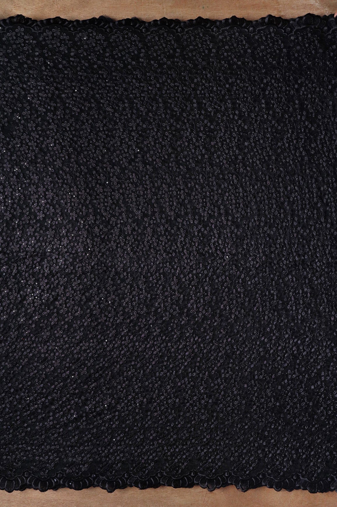 Black Thread Heavy Floral Embroidery On Black Soft Net Fabric With Border - doeraa