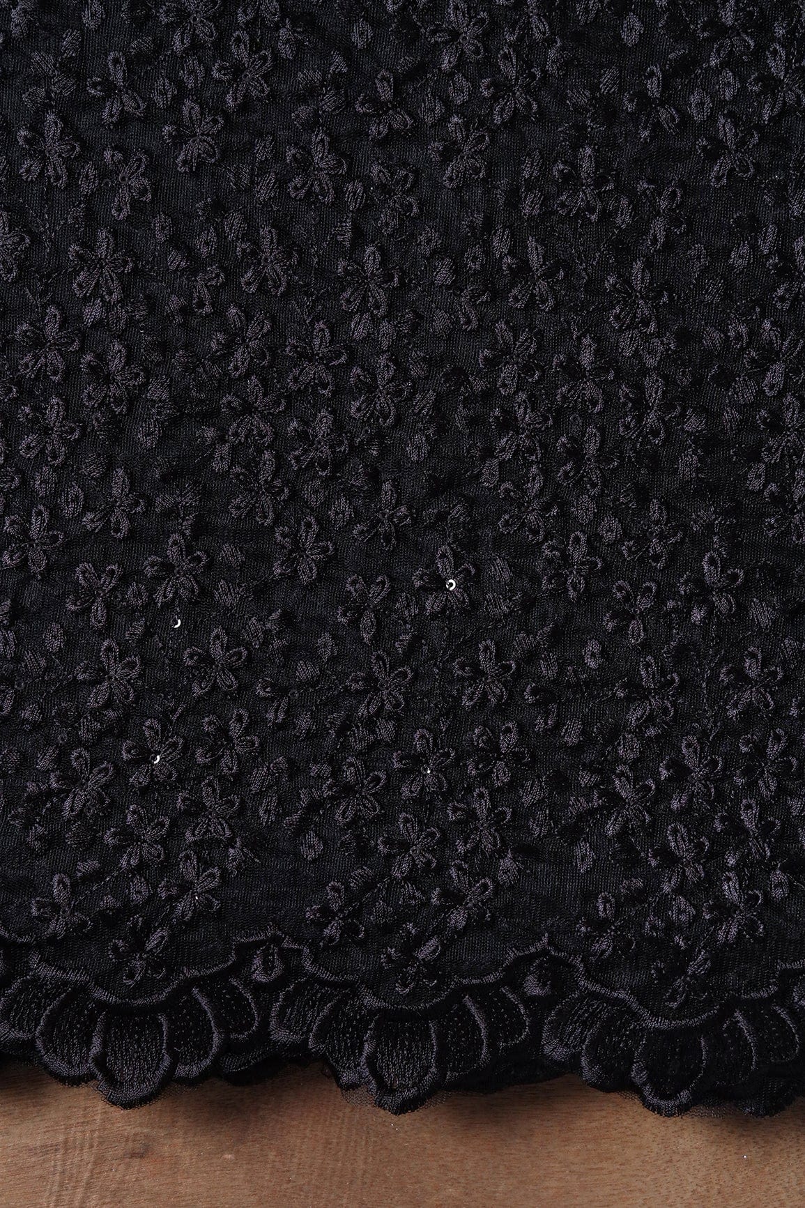 Black Thread Heavy Floral Embroidery On Black Soft Net Fabric With Border - doeraa
