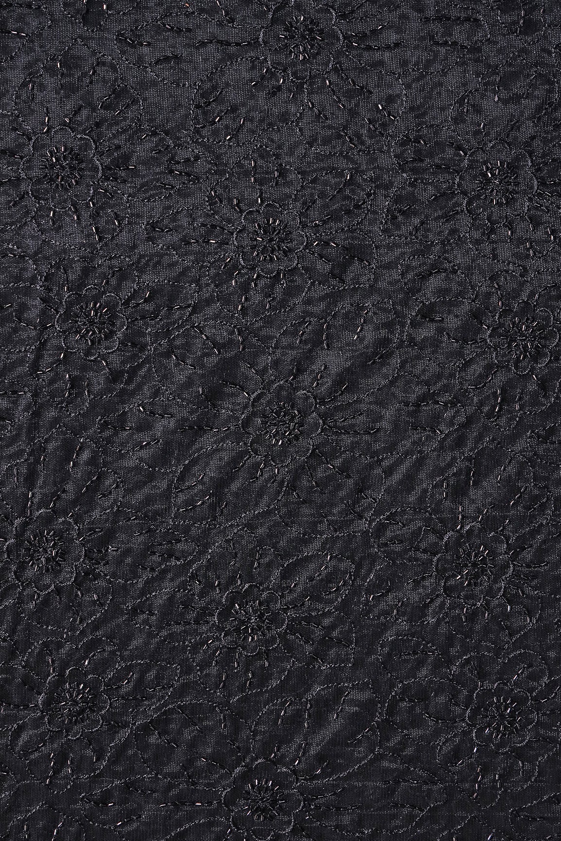 Black Thread With Beads Floral Embroidery Work On Black Soft Net Fabric - doeraa
