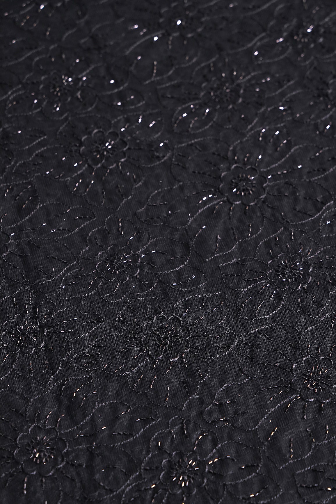 Black Thread With Beads Floral Embroidery Work On Black Soft Net Fabric - doeraa