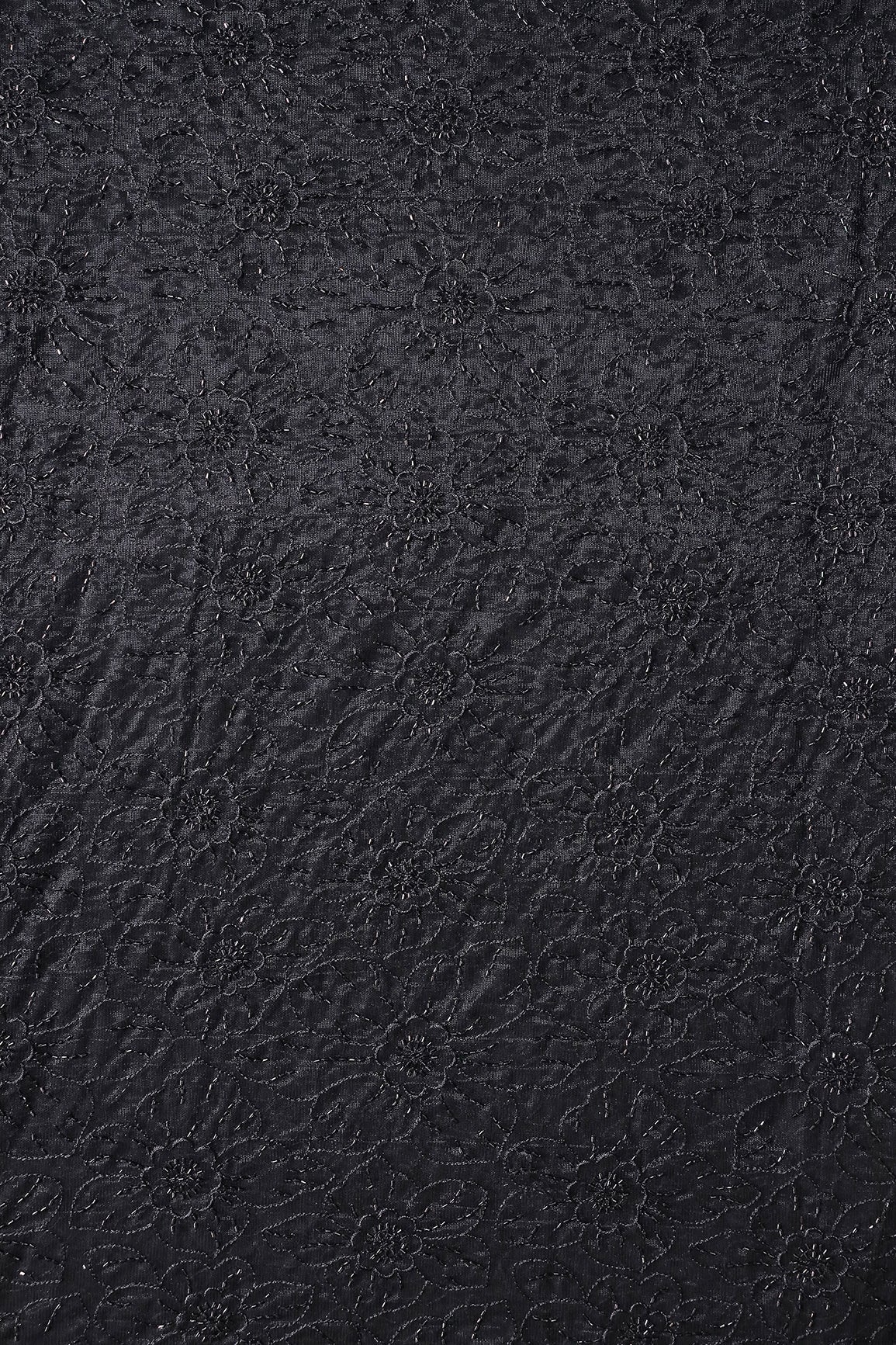 Black Thread With Beads Floral Embroidery Work On Black Soft Net Fabric - doeraa