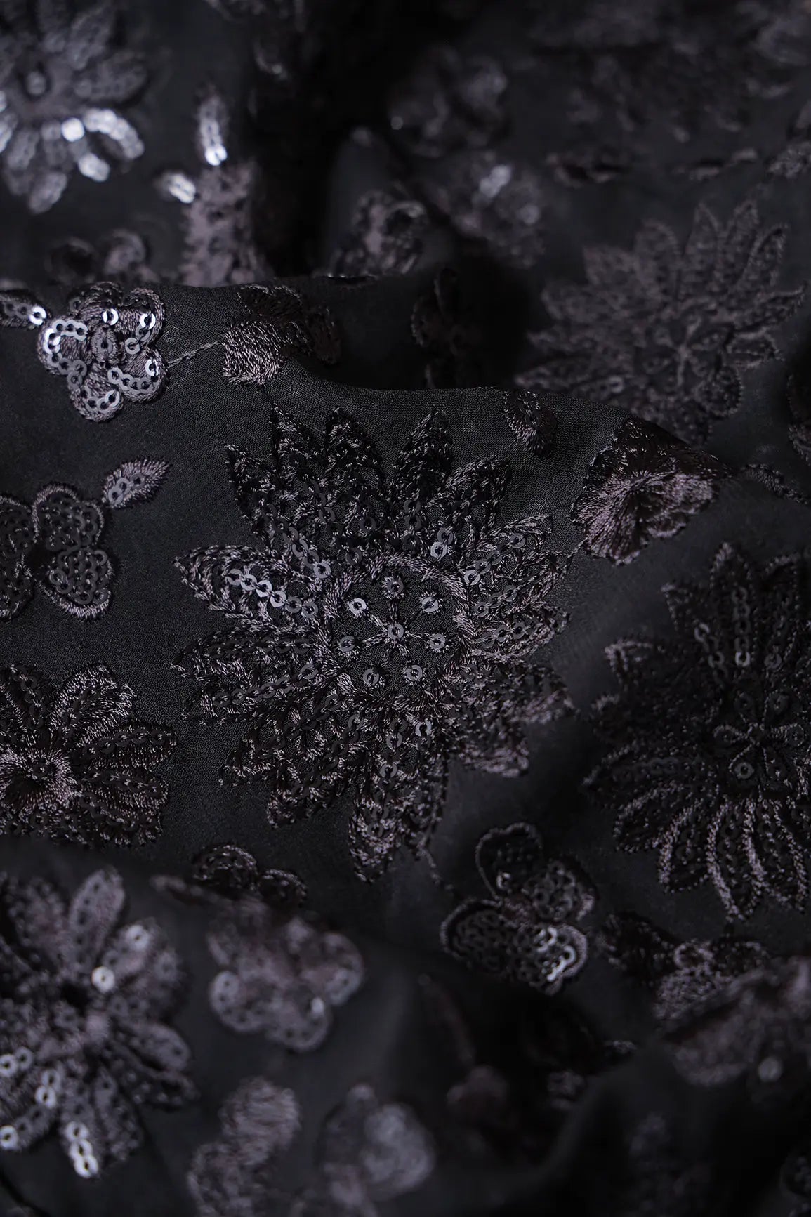 Black Thread With Black Sequins Floral Embroidery Work On Black Viscose Georgette Fabric - doeraa