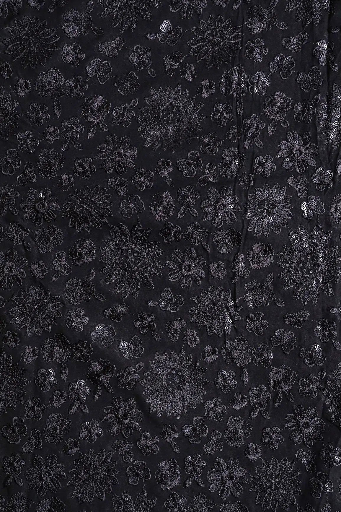 Black Thread With Black Sequins Floral Embroidery Work On Black Viscose Georgette Fabric - doeraa