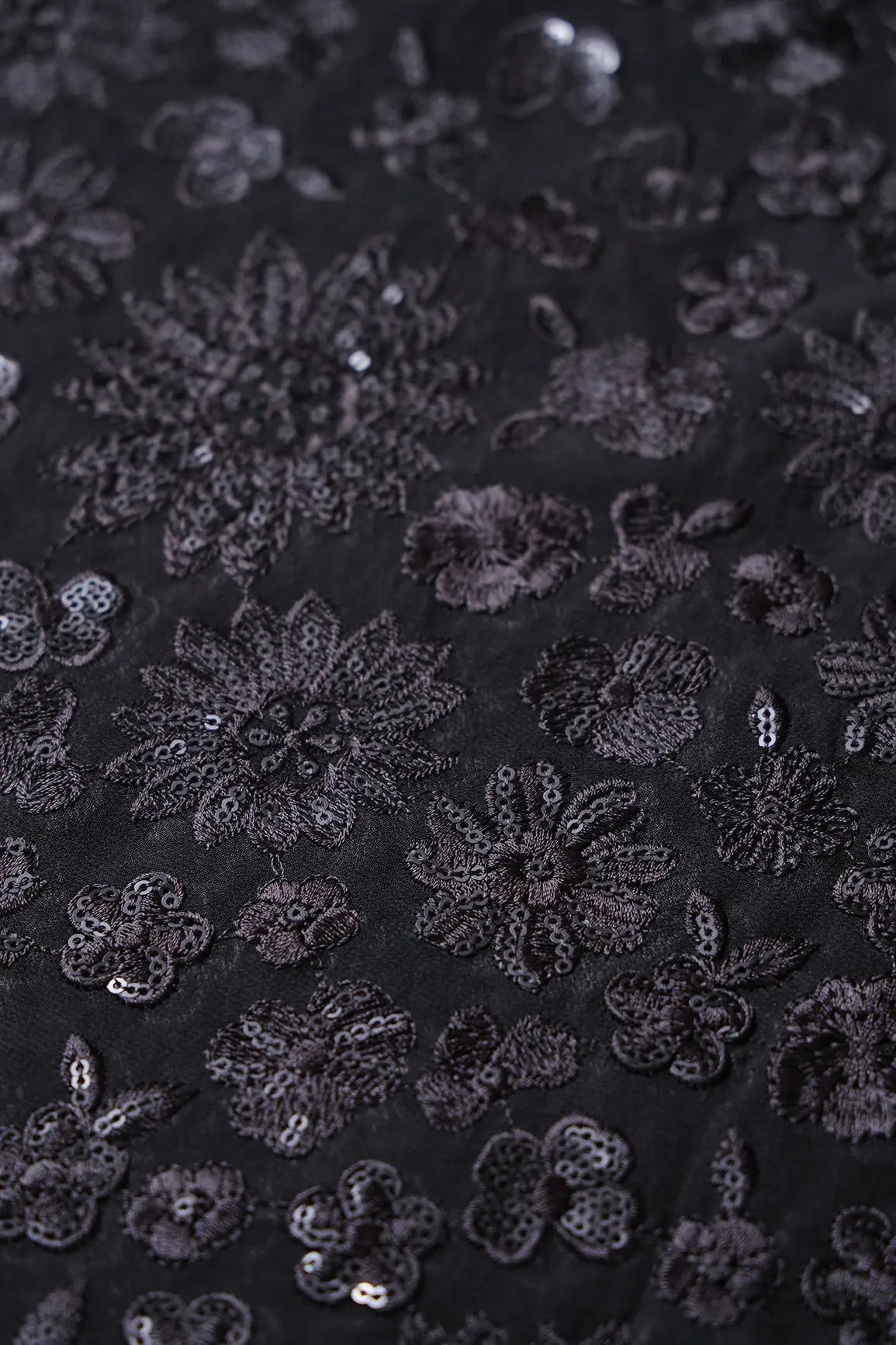 Black Thread With Black Sequins Floral Embroidery Work On Black Viscose Georgette Fabric - doeraa
