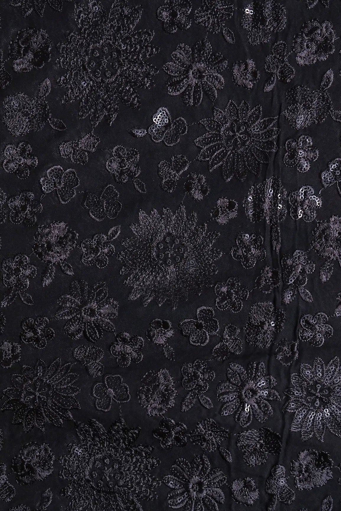 Black Thread With Black Sequins Floral Embroidery Work On Black Viscose Georgette Fabric - doeraa