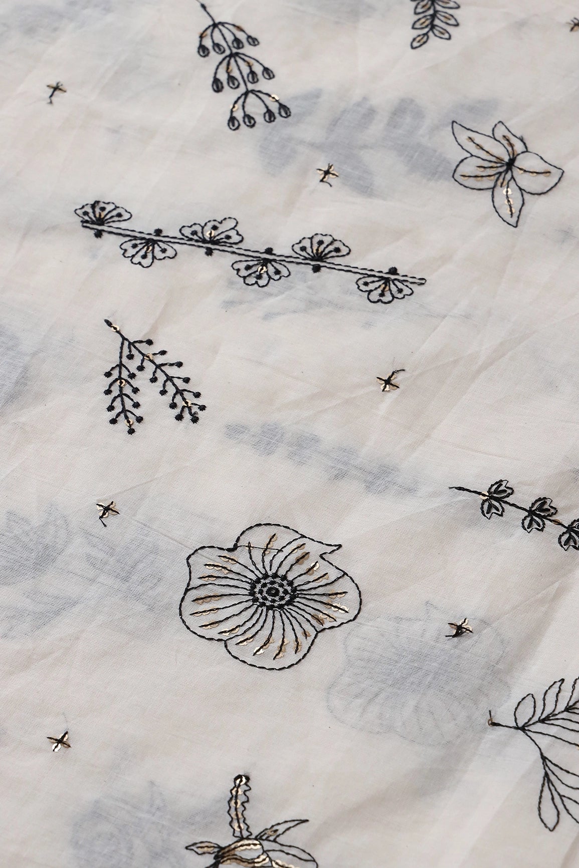 Black Thread With Gold Sequins Floral Embroidery Work On Off White Organic Cotton Fabric - doeraa