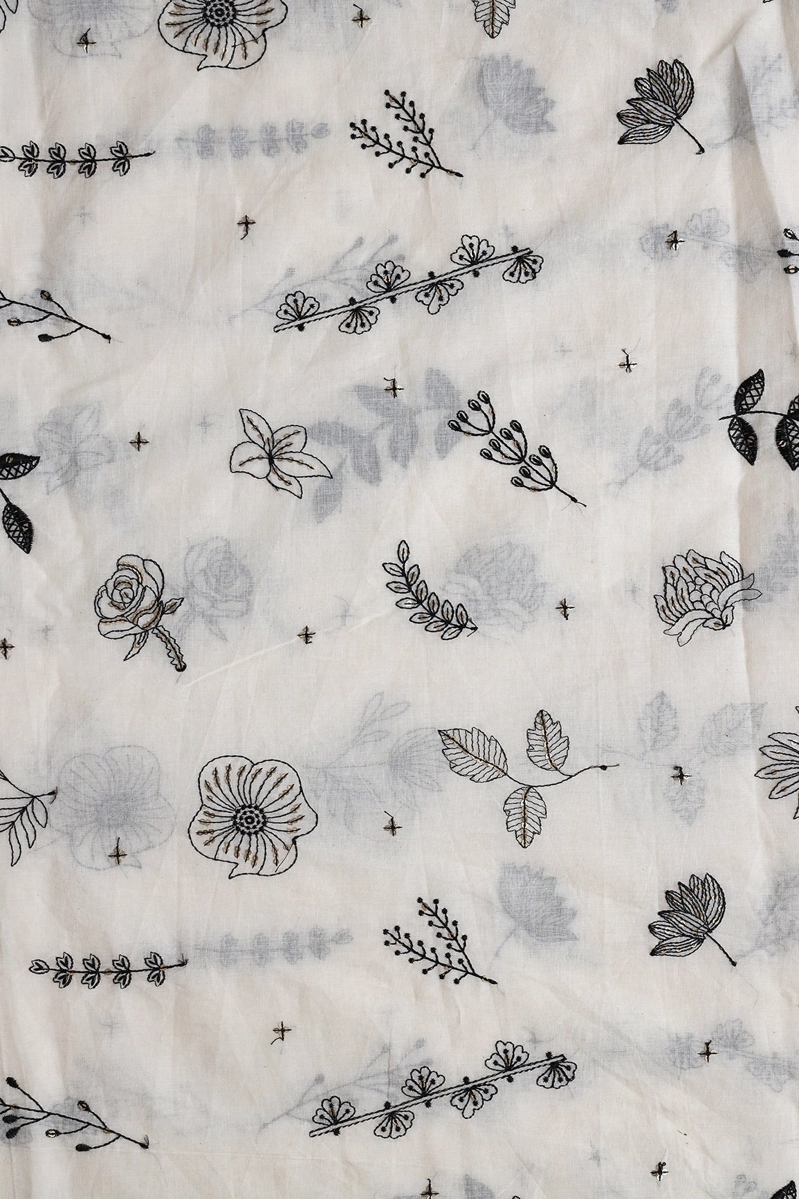 Black Thread With Gold Sequins Floral Embroidery Work On Off White Organic Cotton Fabric - doeraa